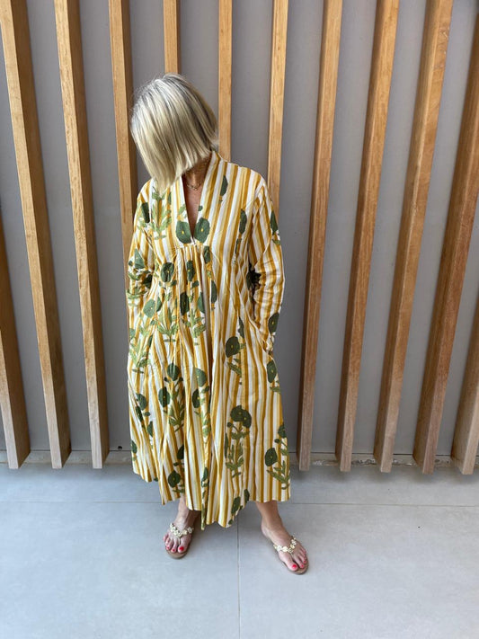 Beige bronze & white stripe dress with green poppies