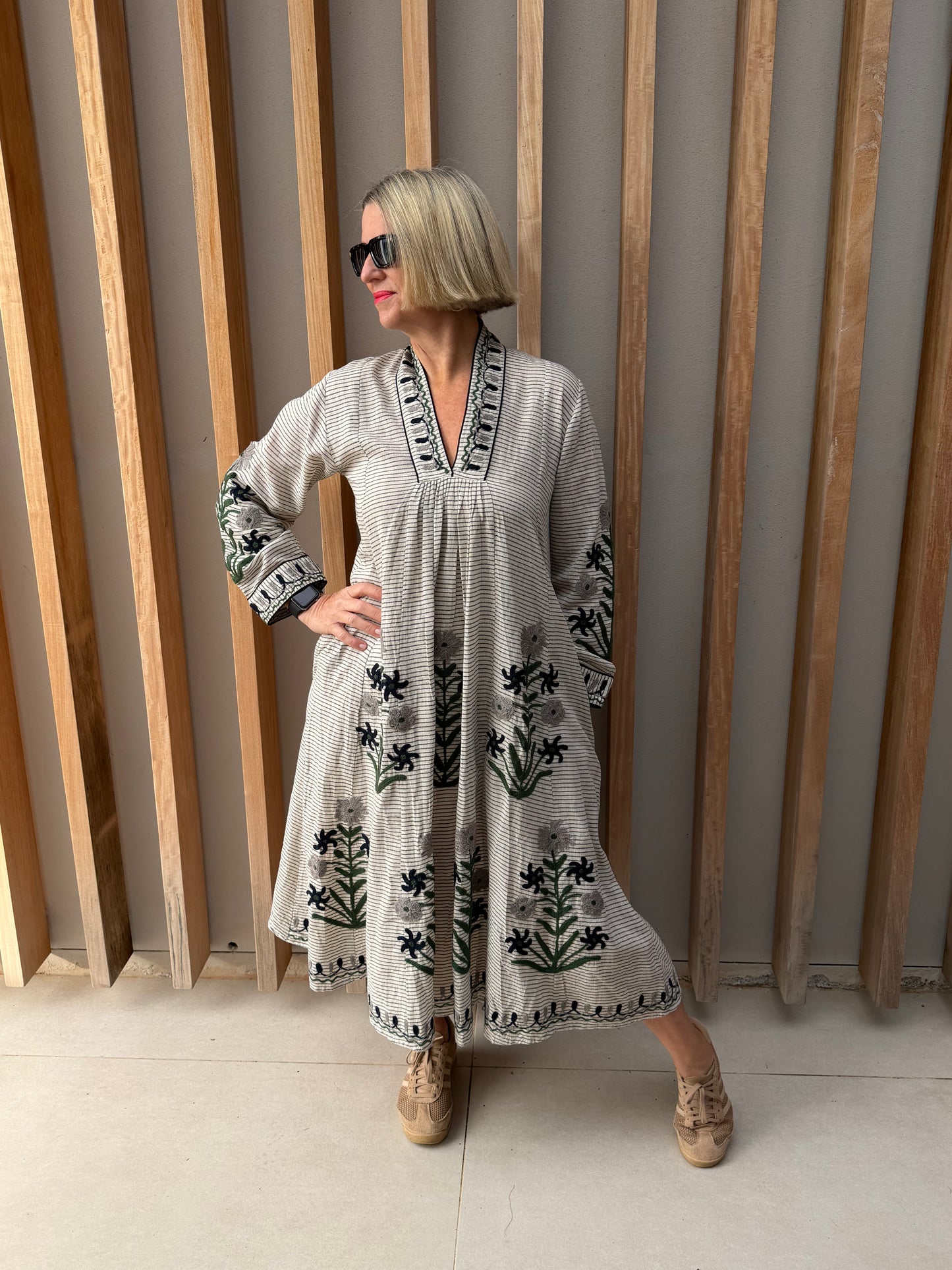 Cream & black striped dress with embroidered olive & grey daisy
