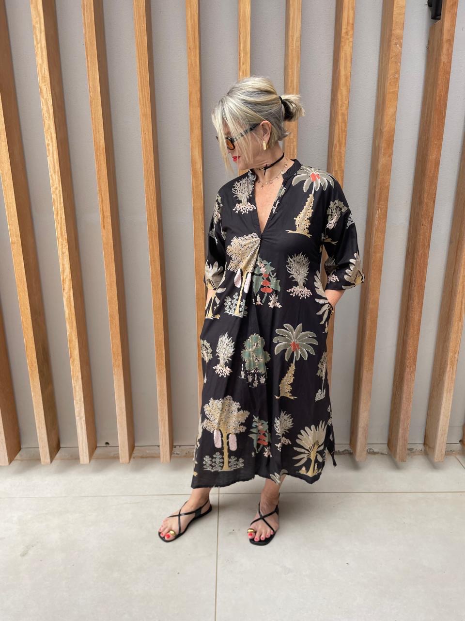 Black dress with palm floral pattern