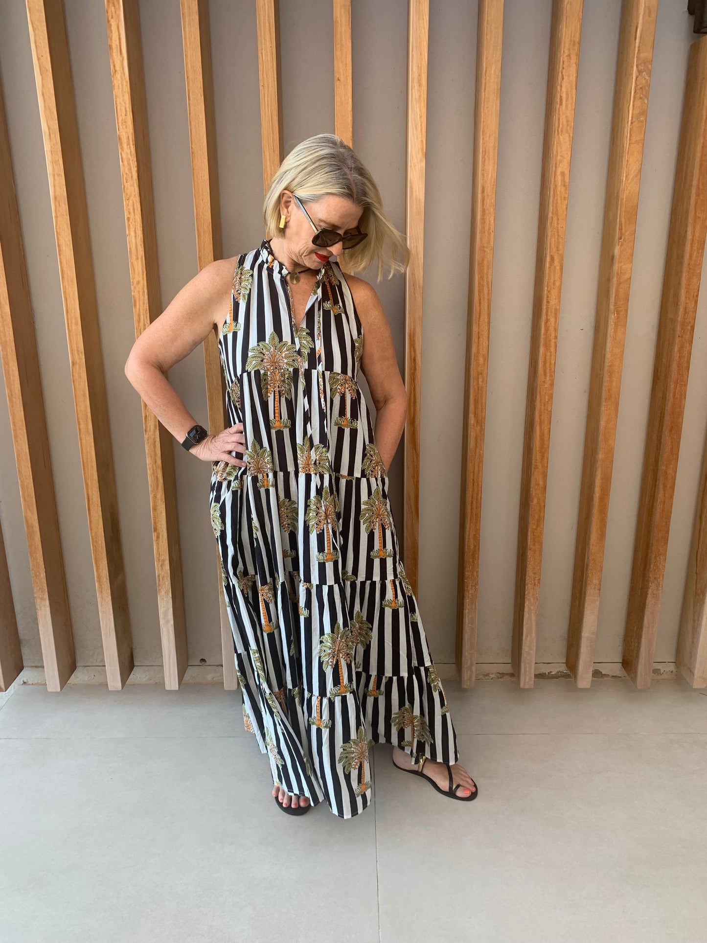 Black & white striped dress with green palm pattern