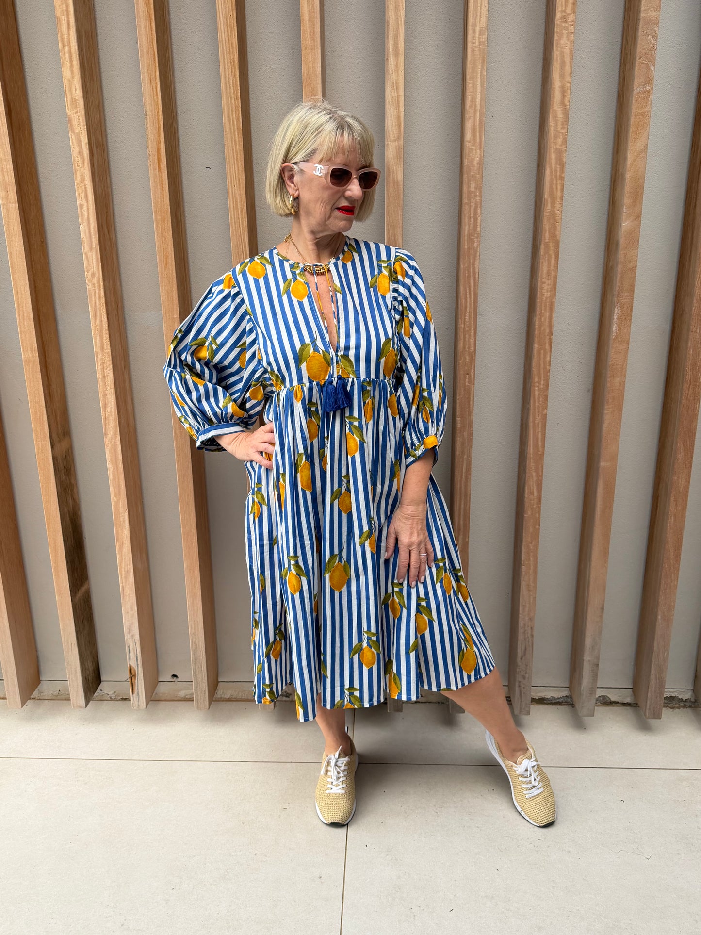 Blue & white striped short dress with lemon pattern