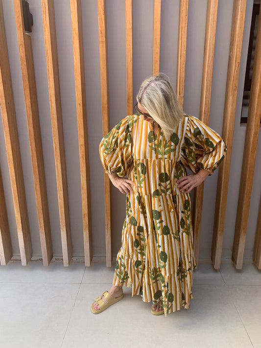 Beige, bronze & white striped dress with green poppies - balloon sleeves