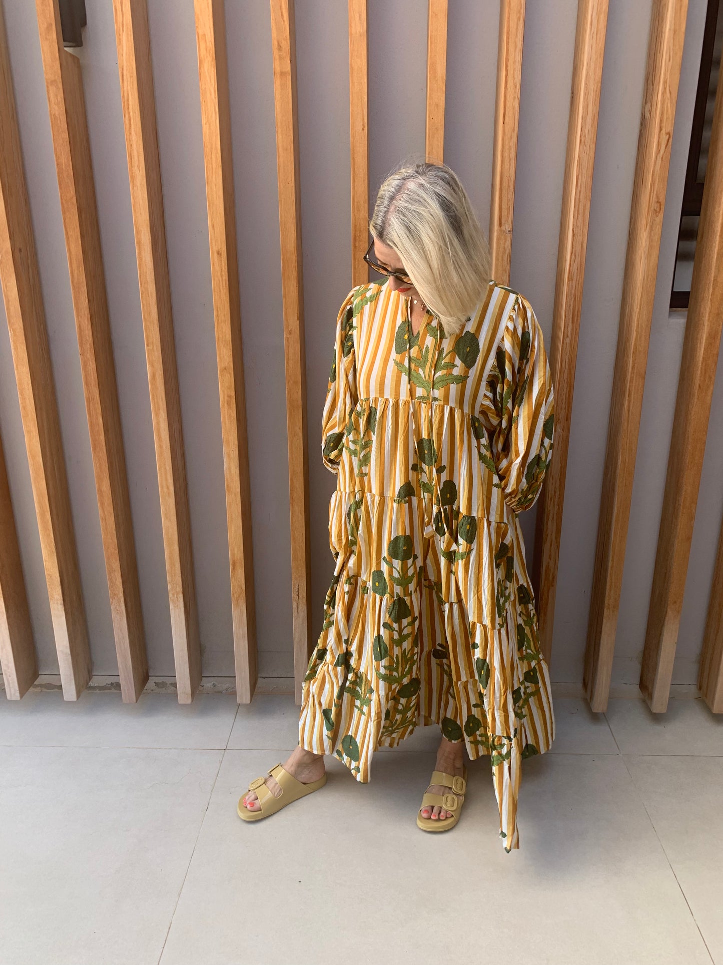 Beige, bronze & white striped dress with green poppies - balloon sleeves