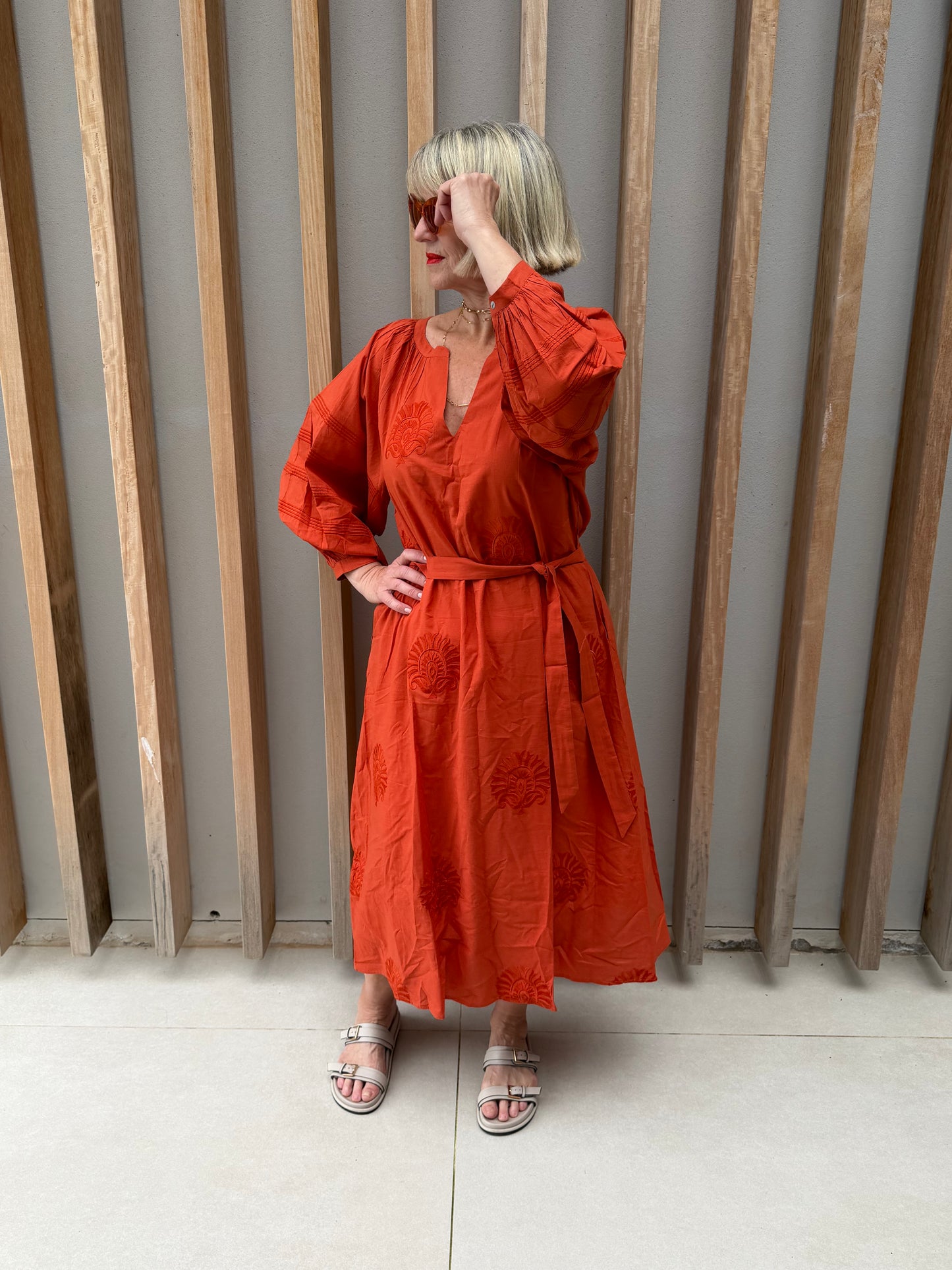 Burned orange embroidered dress