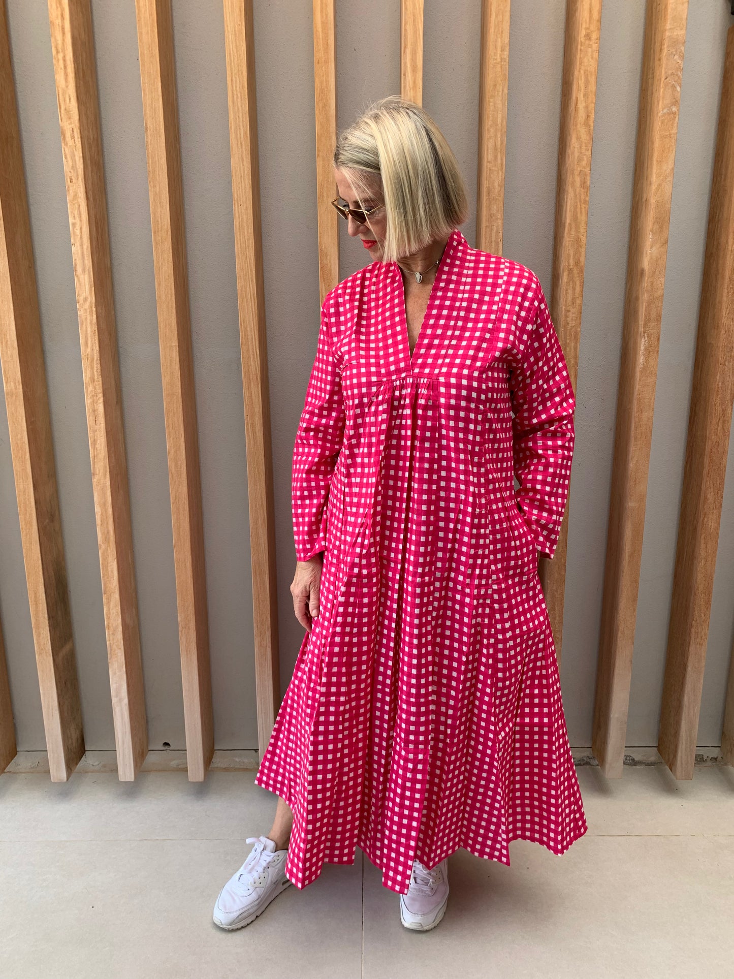 Fuchsia pink dress with white checks