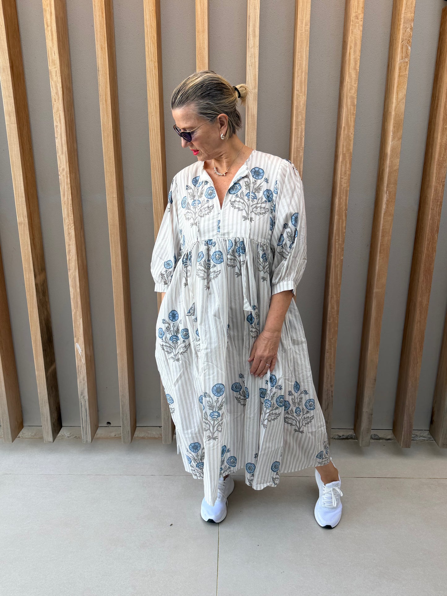 Grey & white striped floral dress
