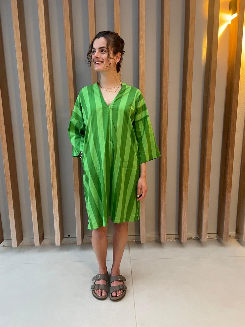Green two tone short striped dress