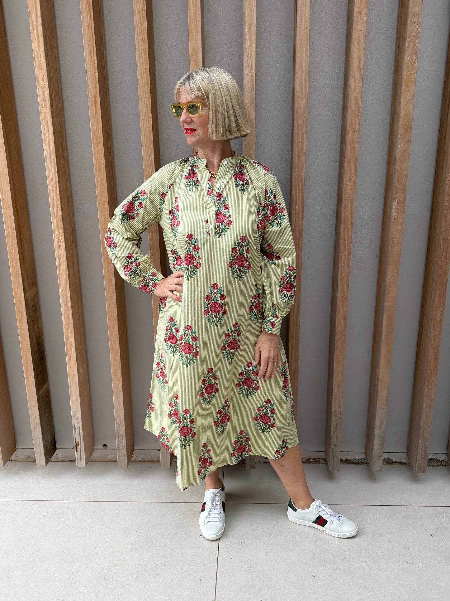Green & white thin striped Kurta dress with floral pattern