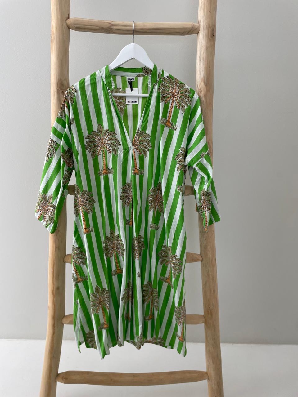 Green white stripe palm floral dress