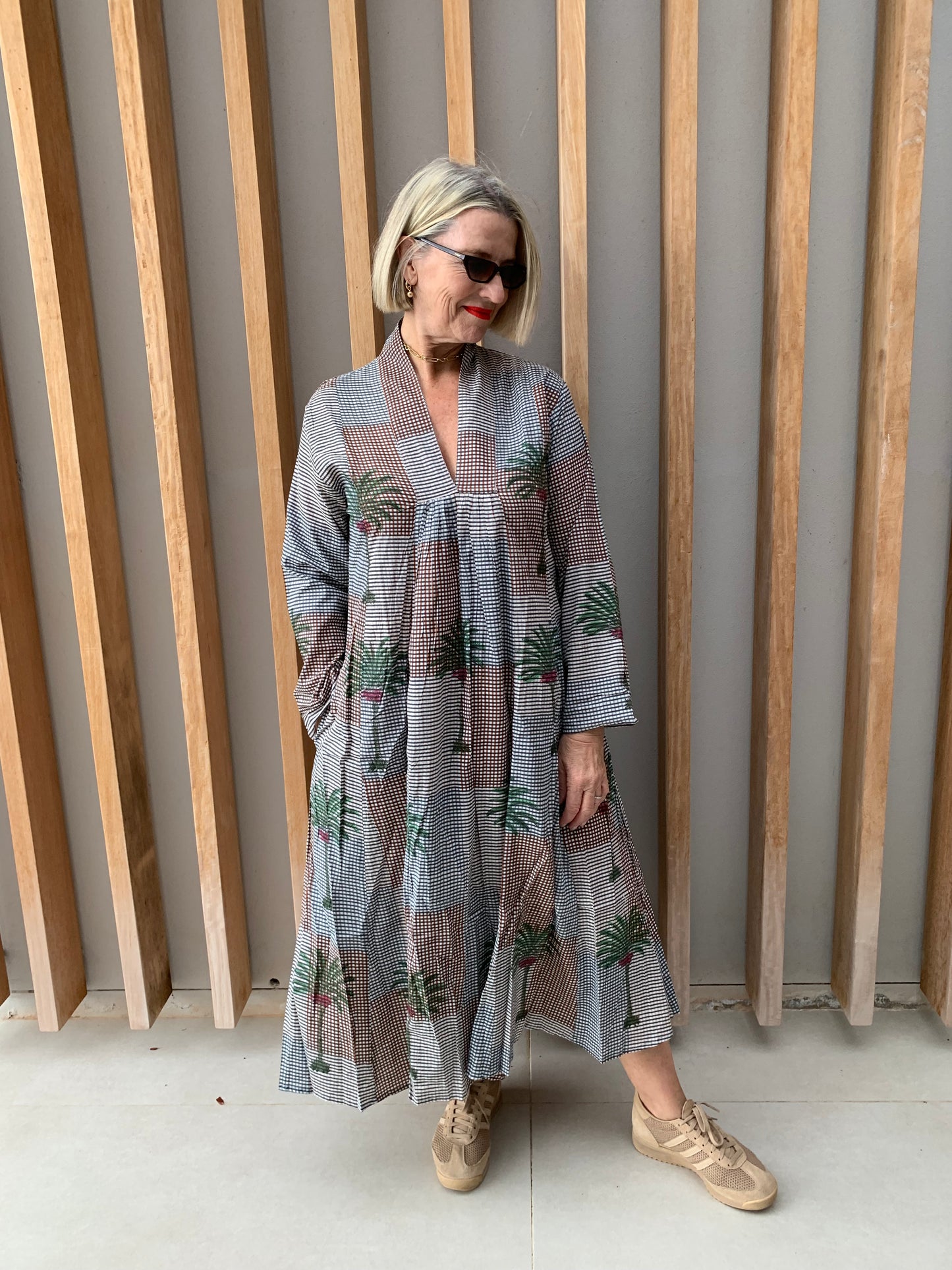 Grey & orange fine checked dress with green palm pattern