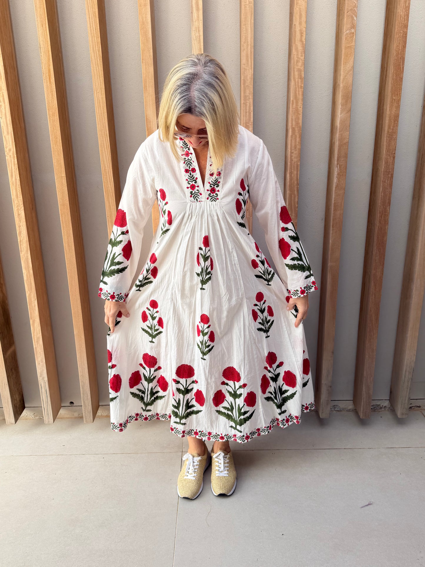 White dress with red & green poppies