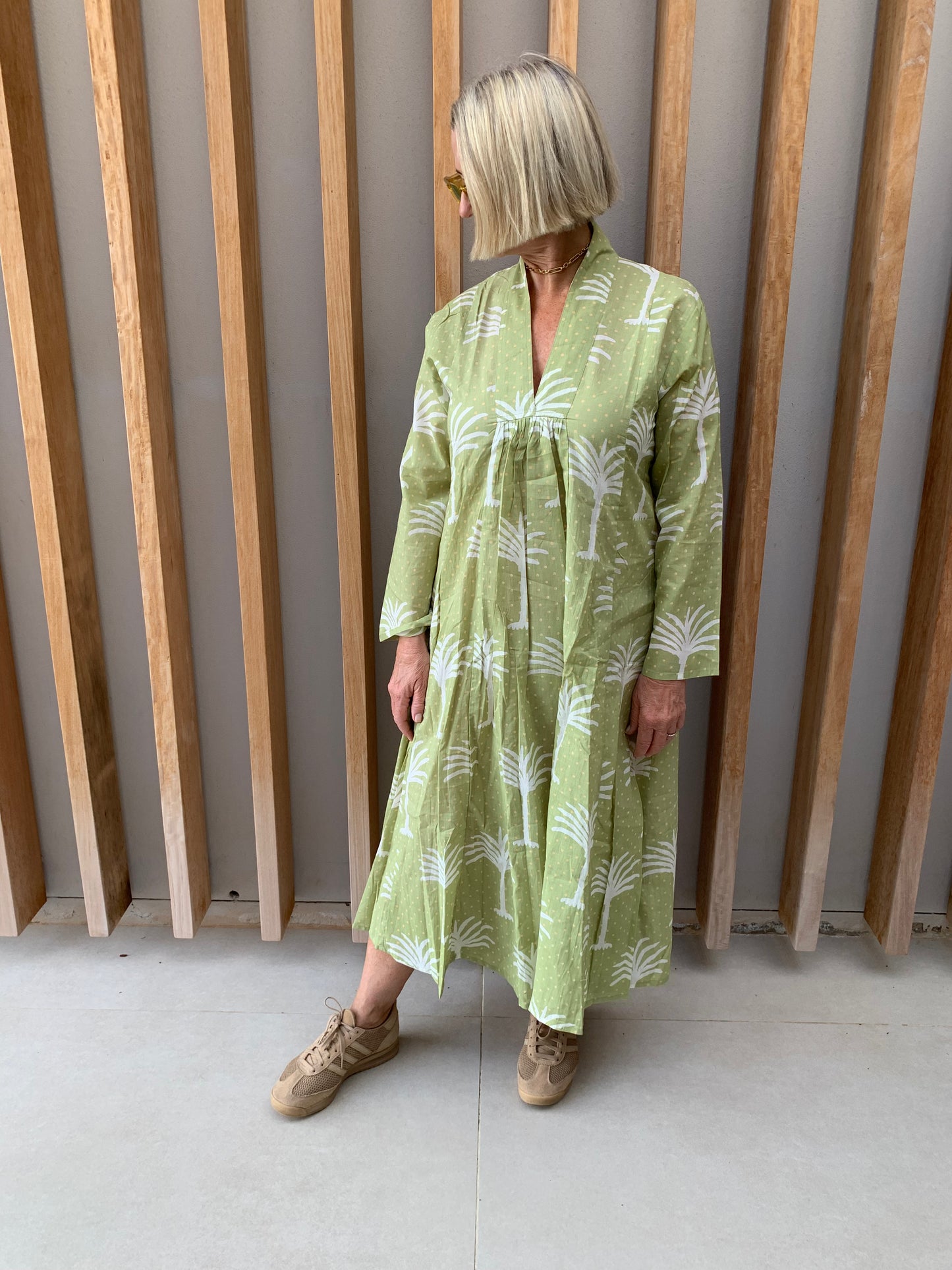 Light green dress with white palm pattern