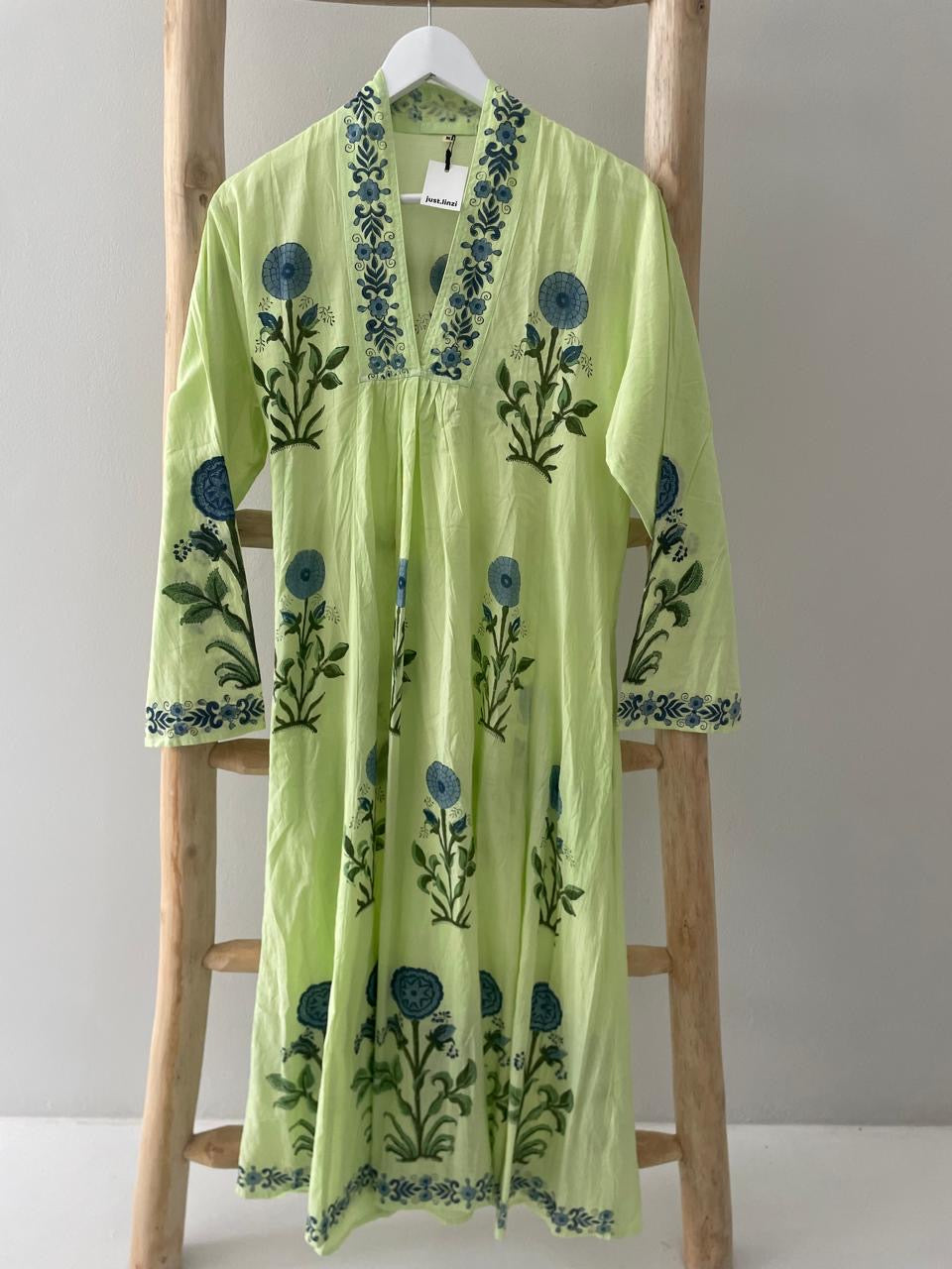 Lime green blue poppy dress
