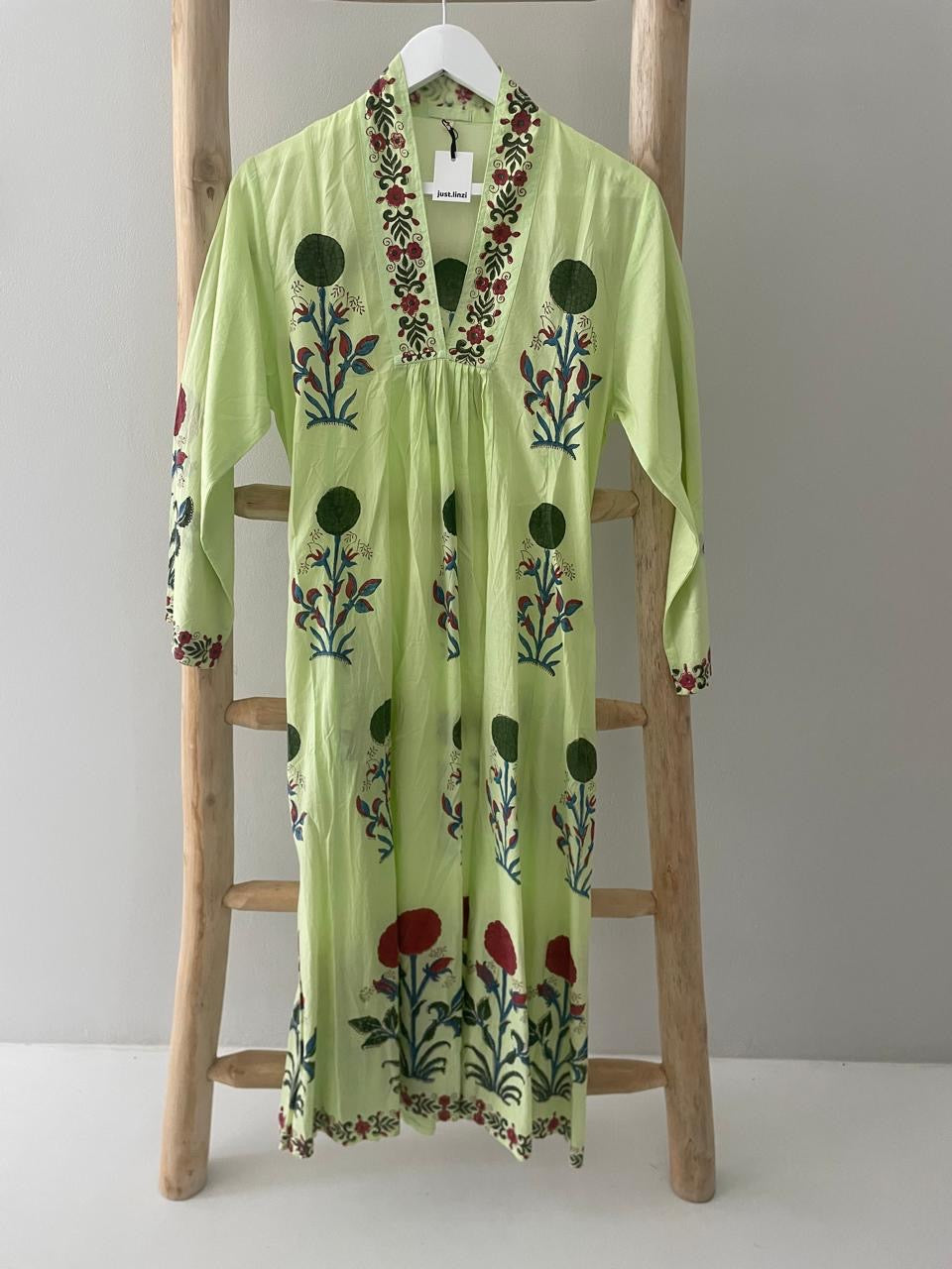 Lime green blue poppy dress