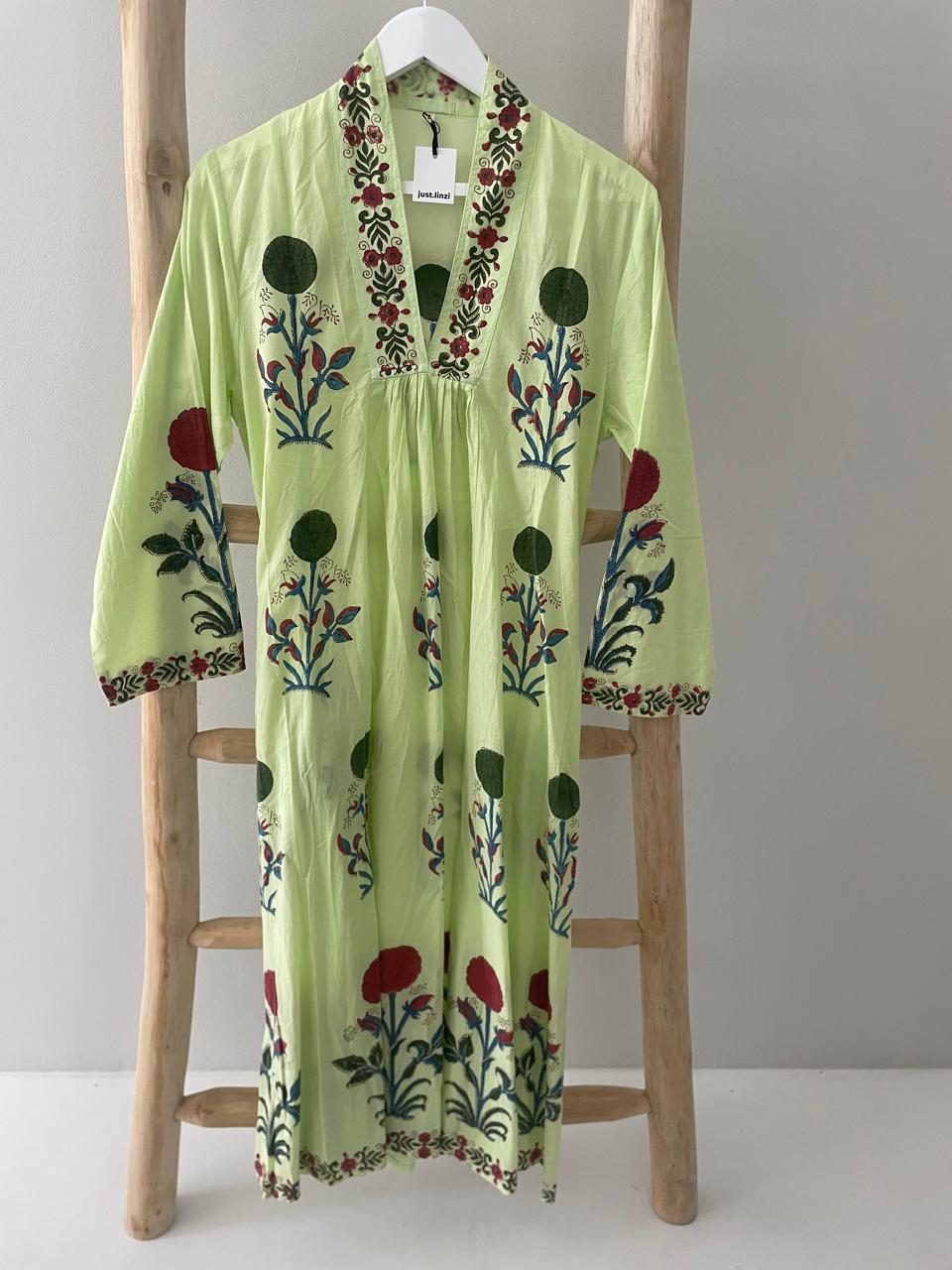 Lime green blue poppy dress