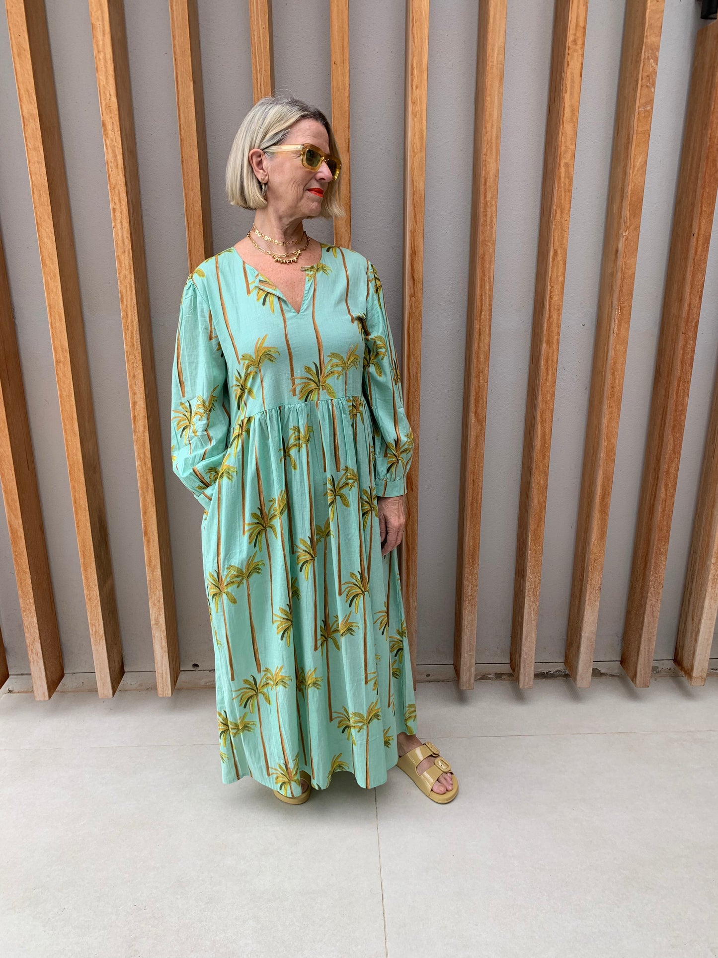 Green dress with green & bronze palm