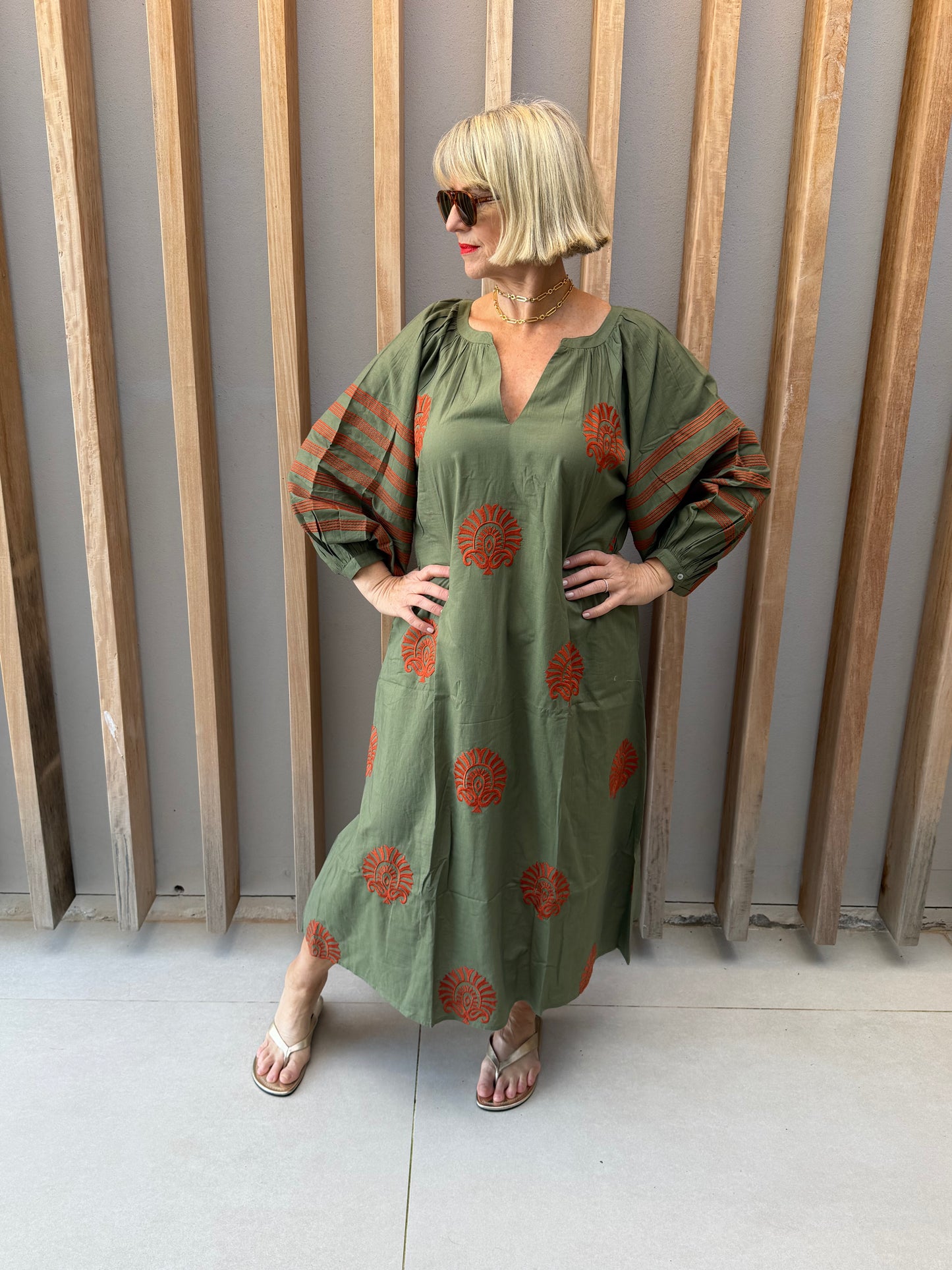 Olive green embroidered dress