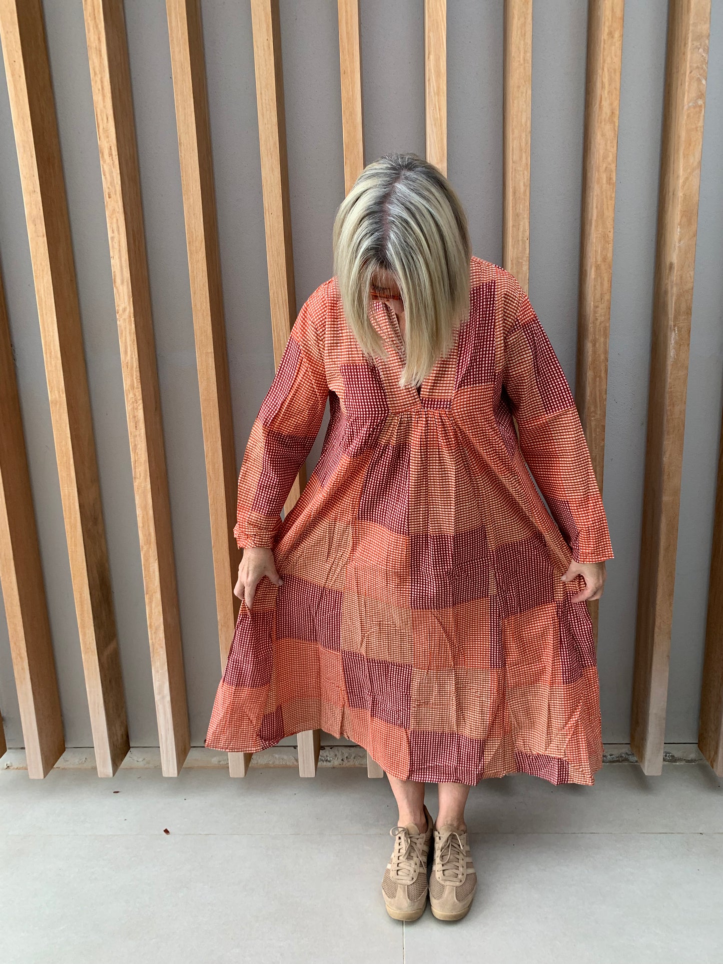Orange & brick coloured fine checked dress