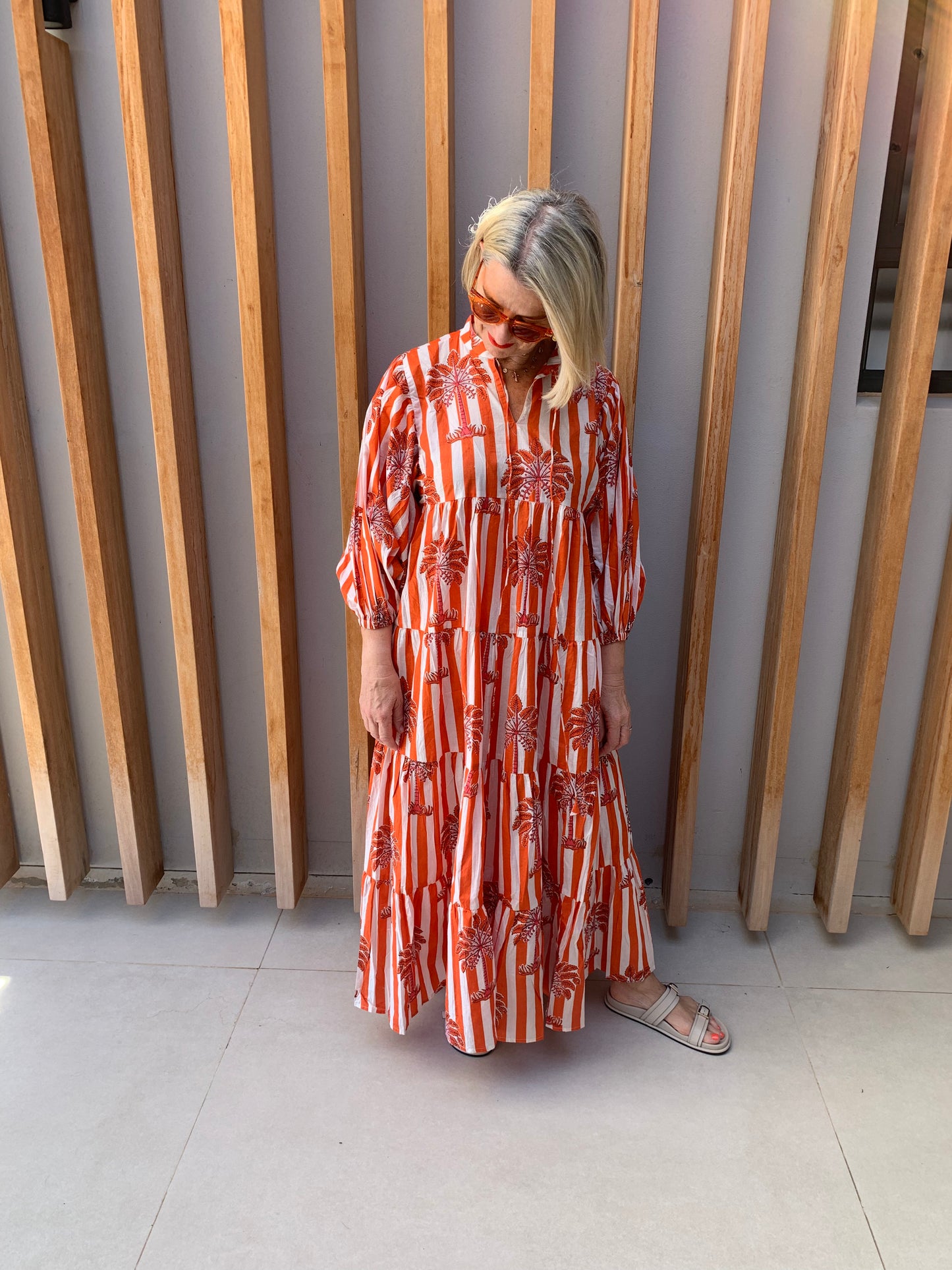 Orange & white striped dress with orange palm pattern