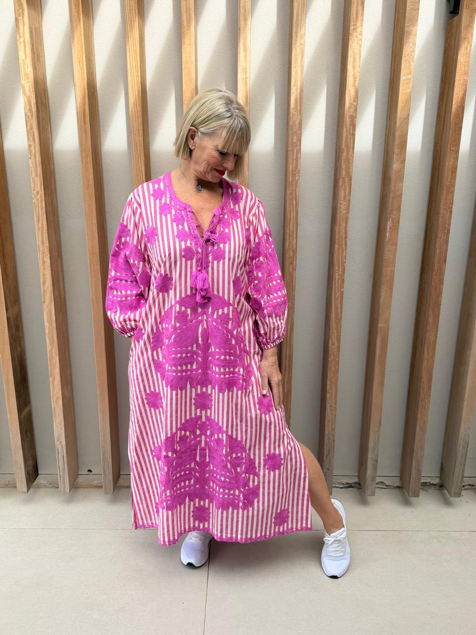 Pink & white striped embroidered dress