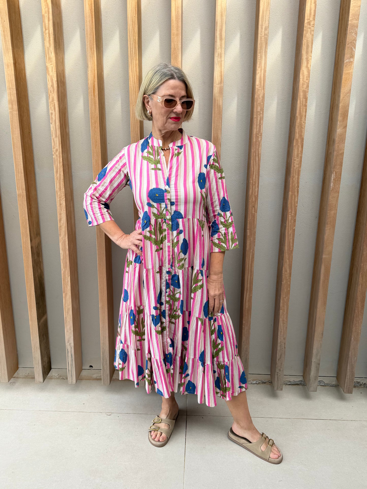 Pink, beige & white stripe dress with blue poppy