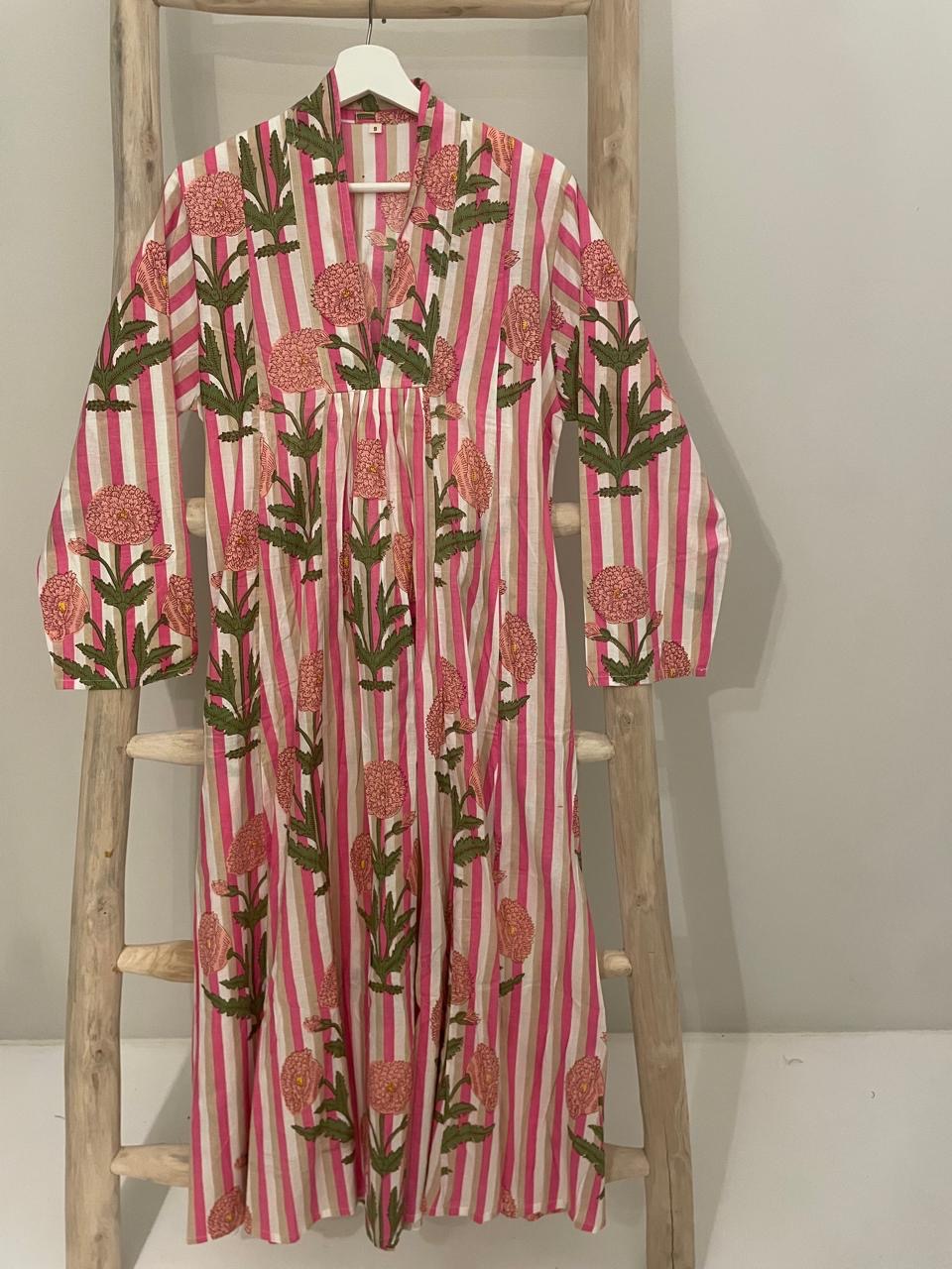 Pink beige & white striped dress with pink poppies