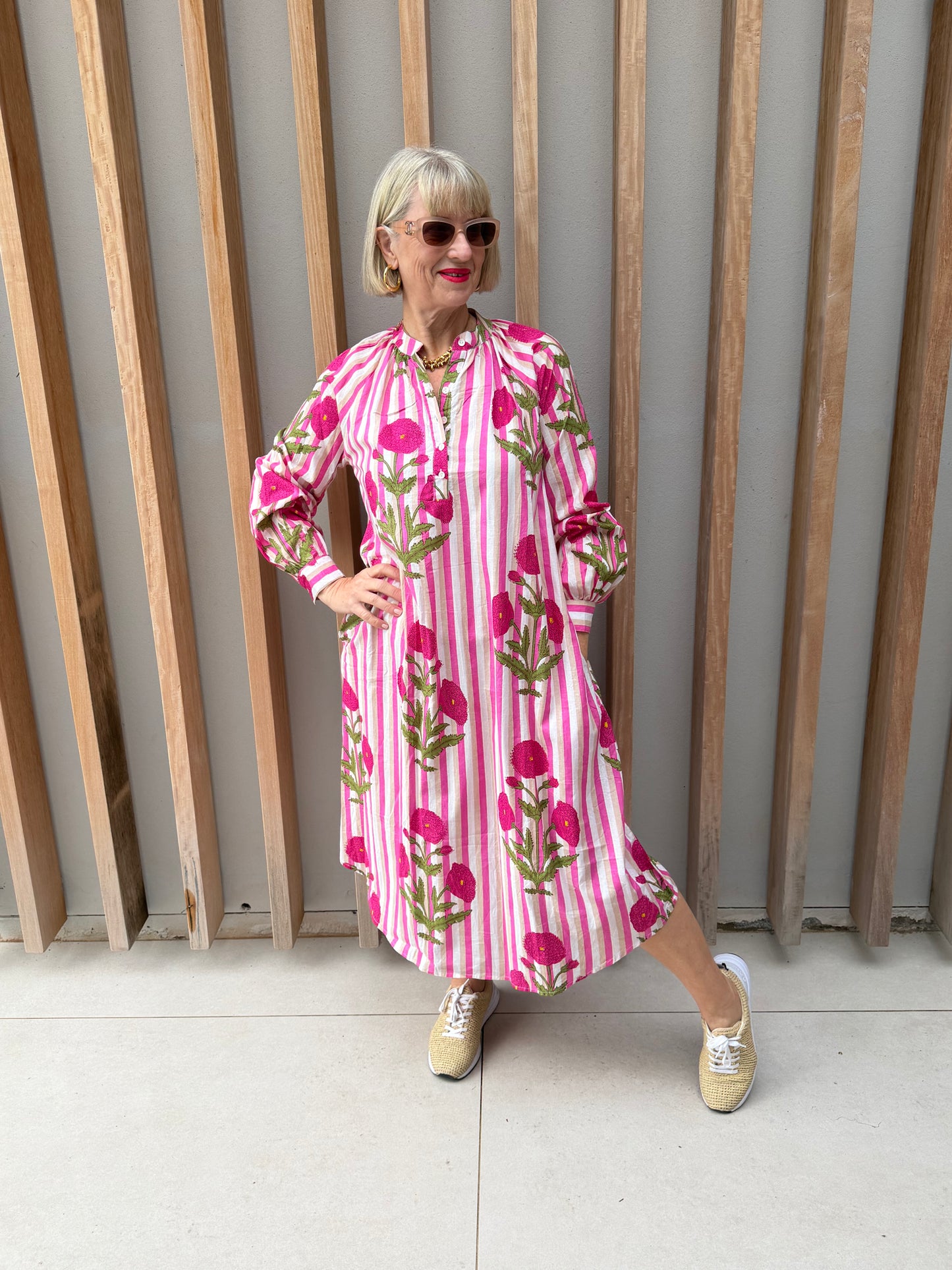 Pink, beige & white striped Kurta dress with pink poppy pattern