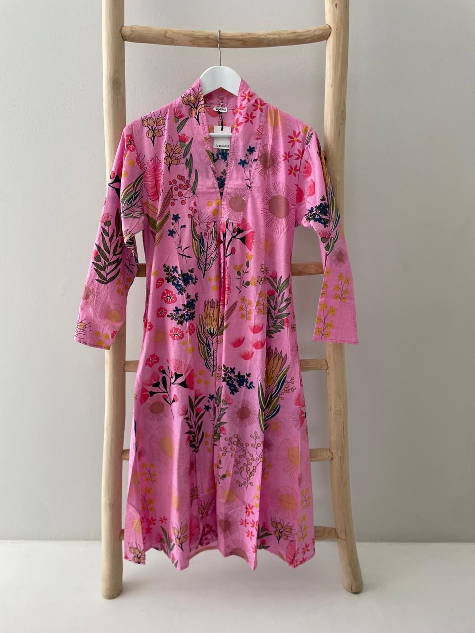 Pink dress with Protea floral pattern