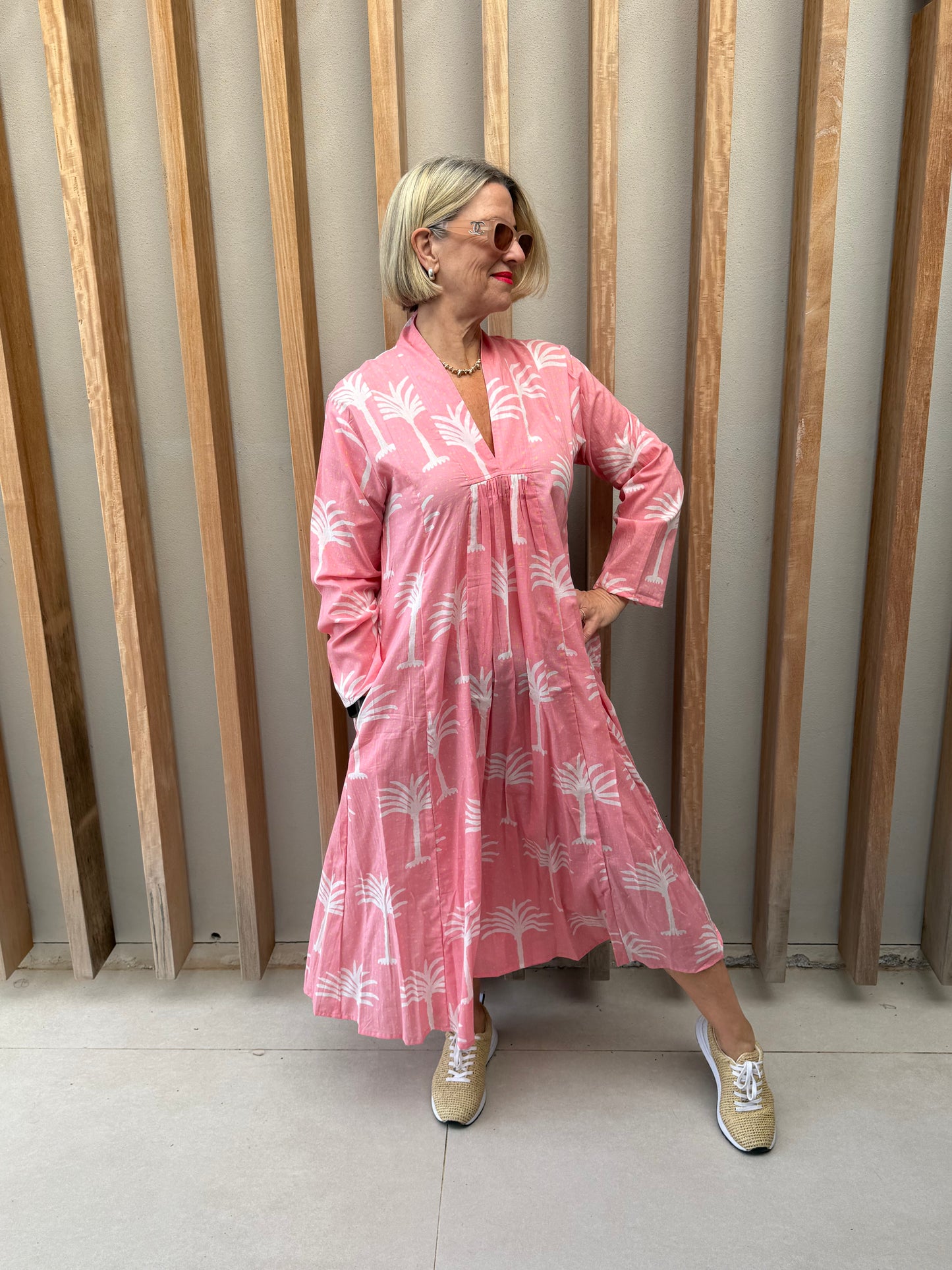 Pink dress with white palm pattern