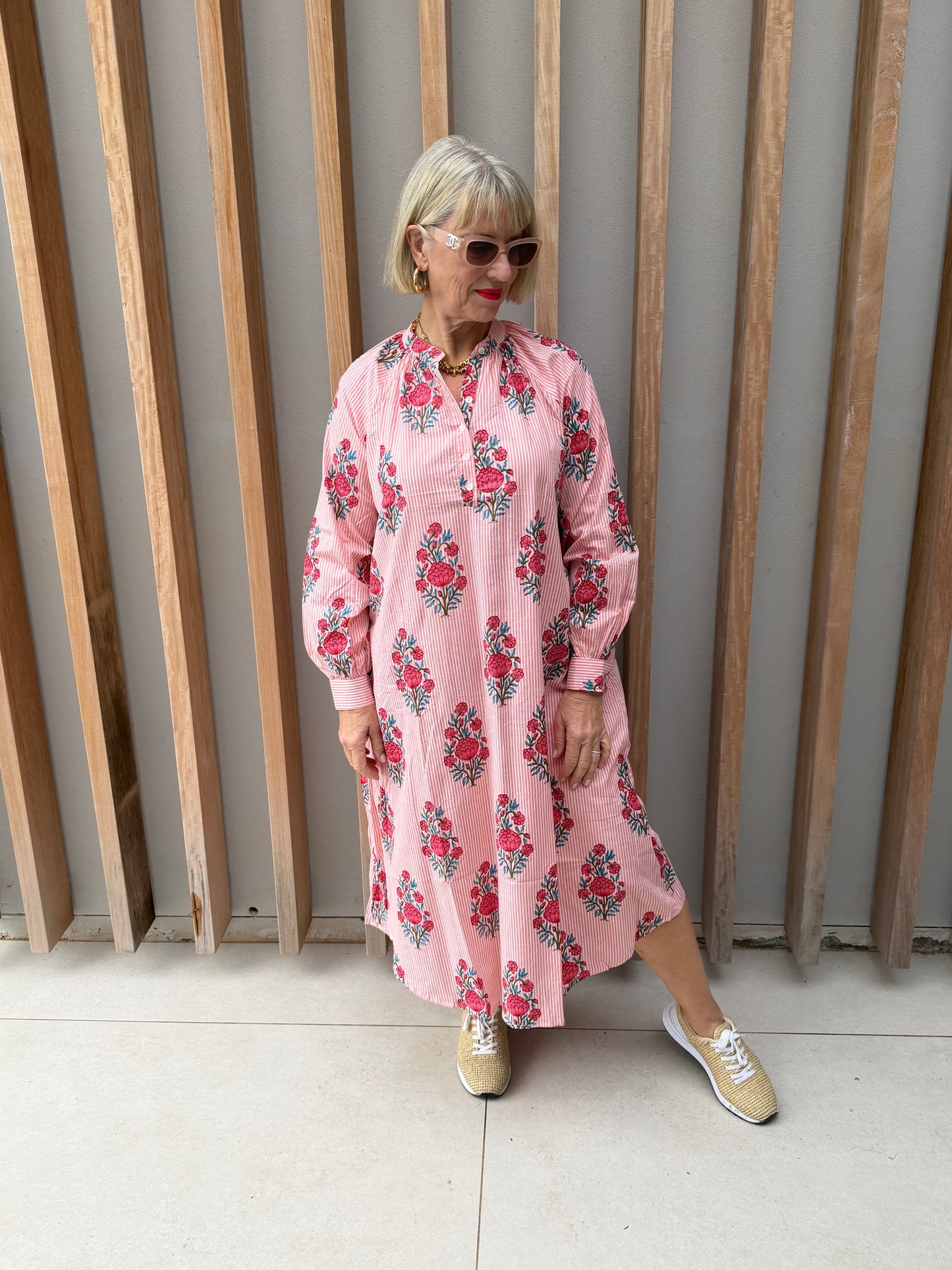 Pink & white stripe Kurta dress with floral pattern