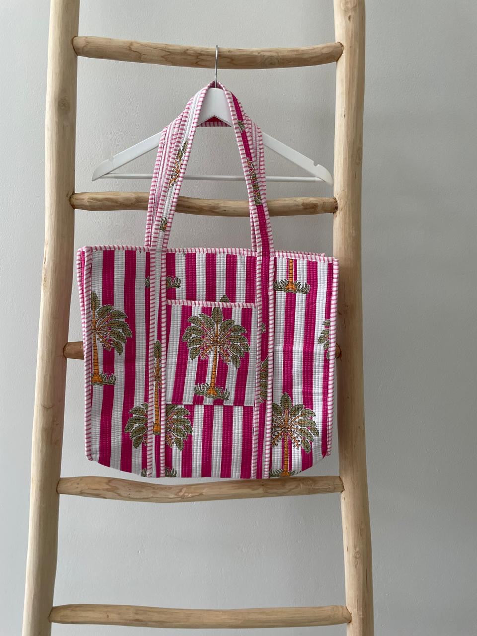 Pink & white striped Tote Bag with green palm pattern