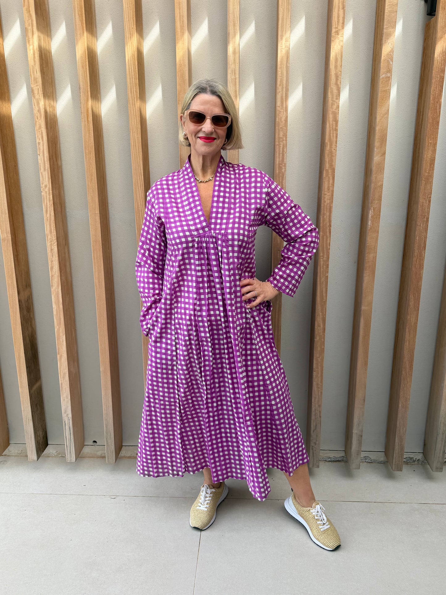 Purple & white checked dress