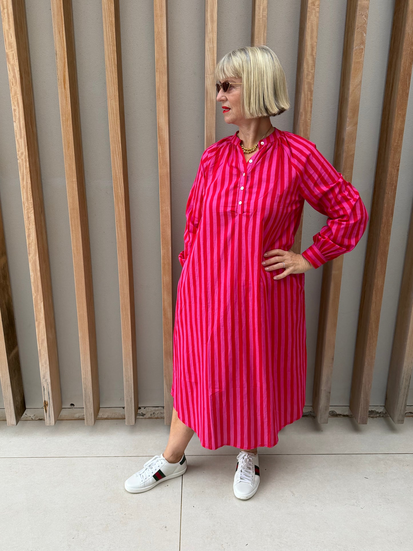 Red & pink thin stripe Kurta dress