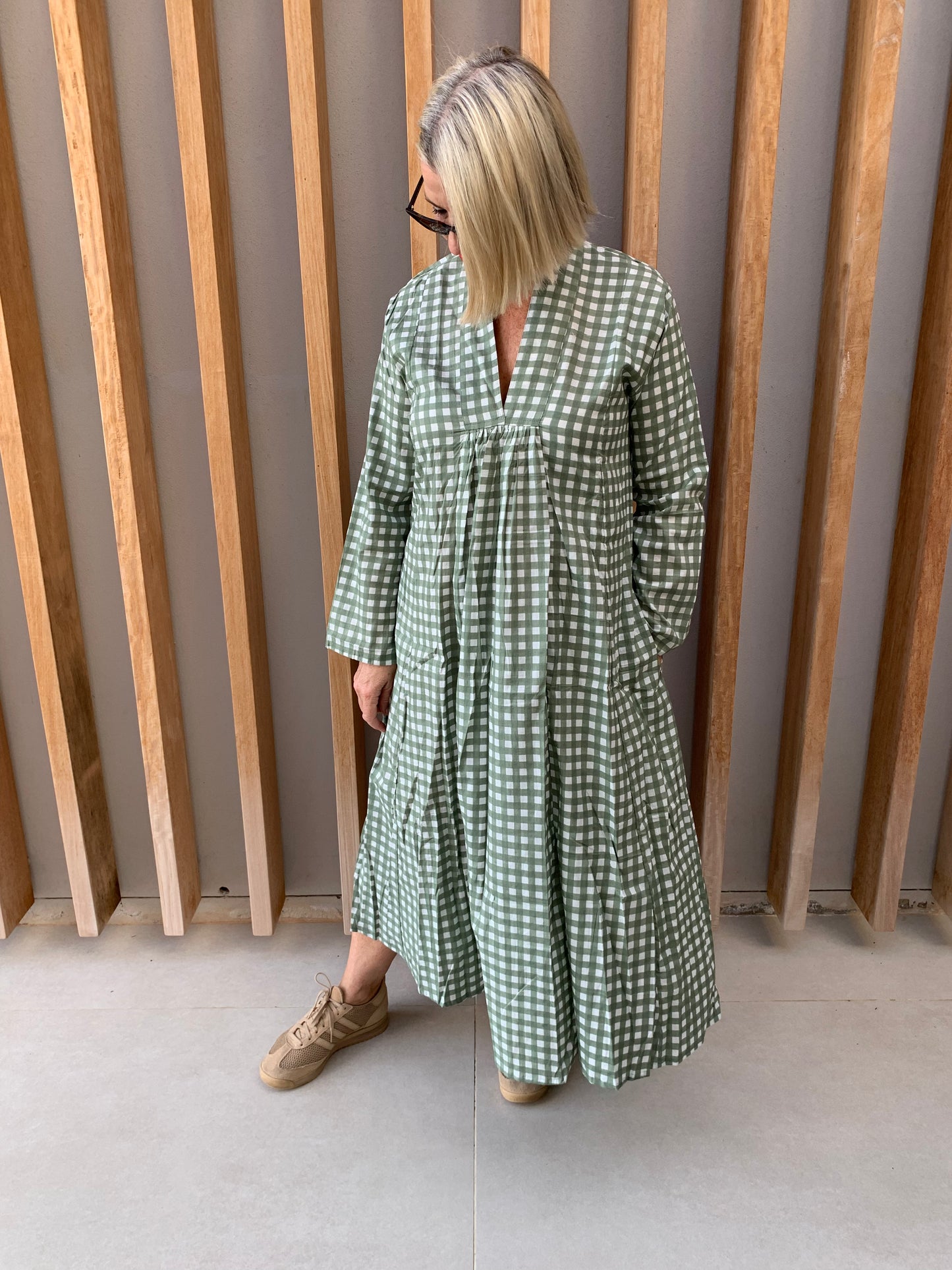 Sage green dress with white checks