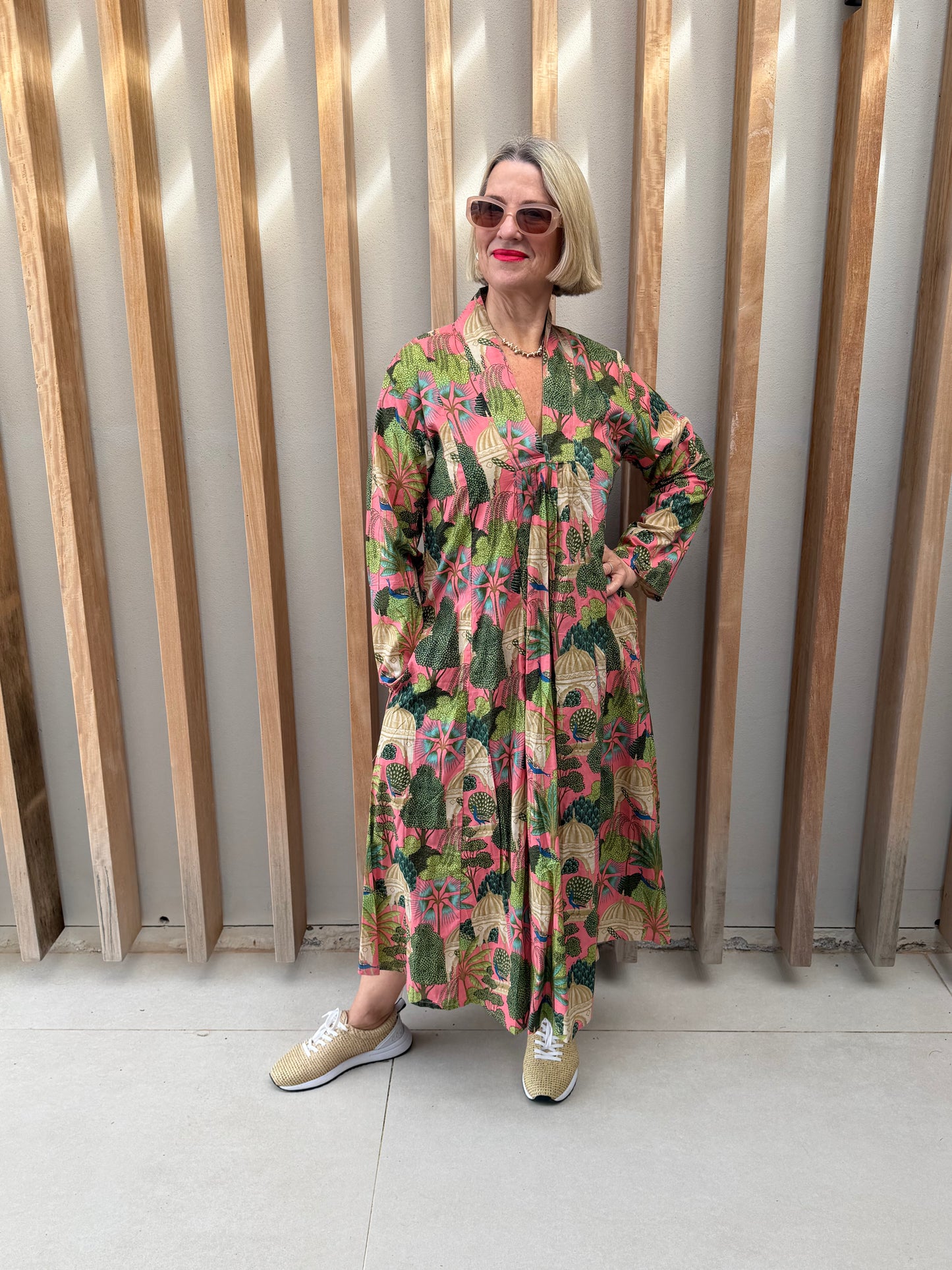Salmon pink & green floral dress
