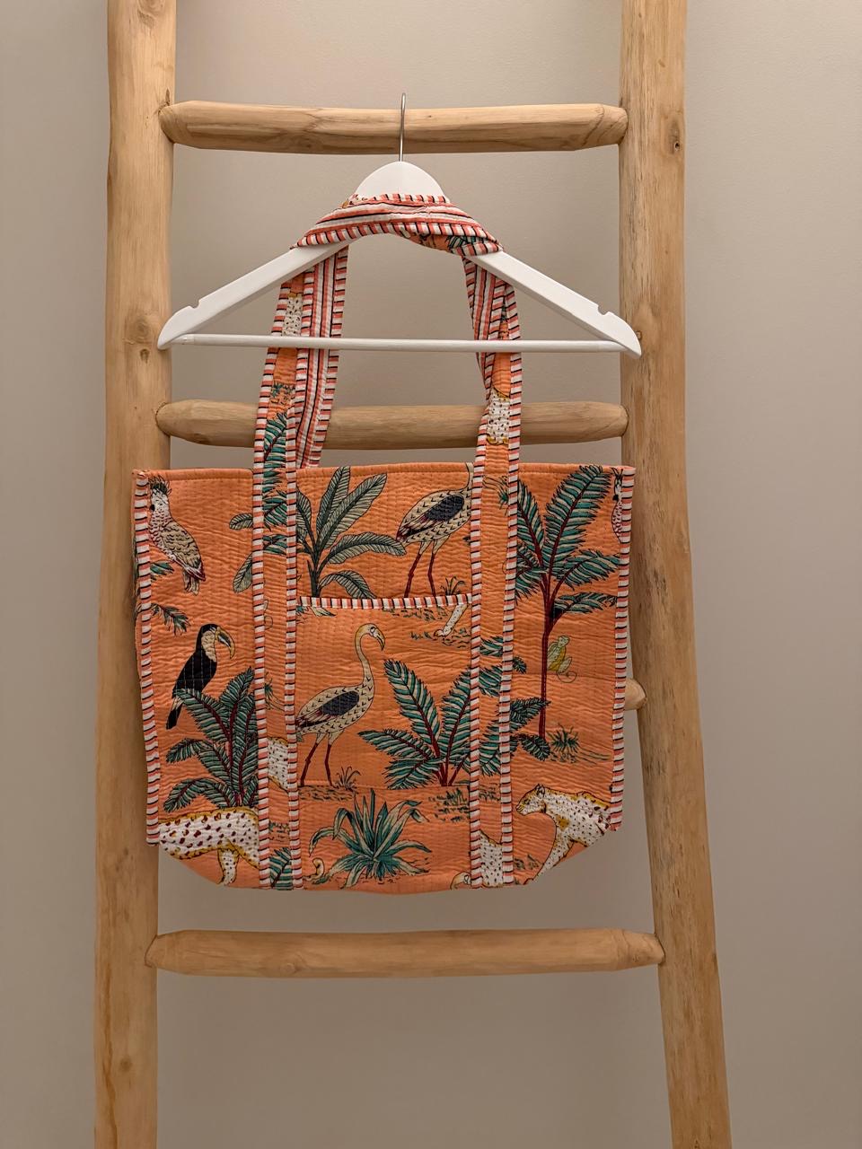 Salmon tote Bag with animal palm pattern