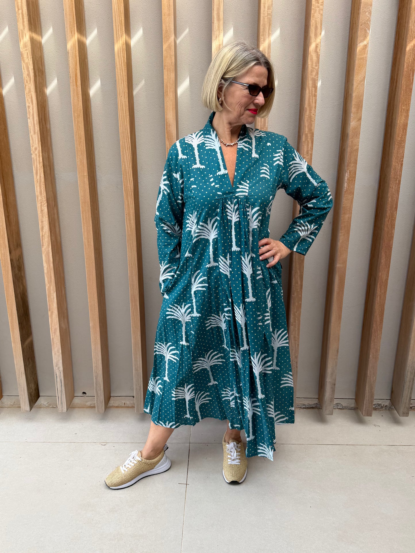 Sea green dress with white palm pattern