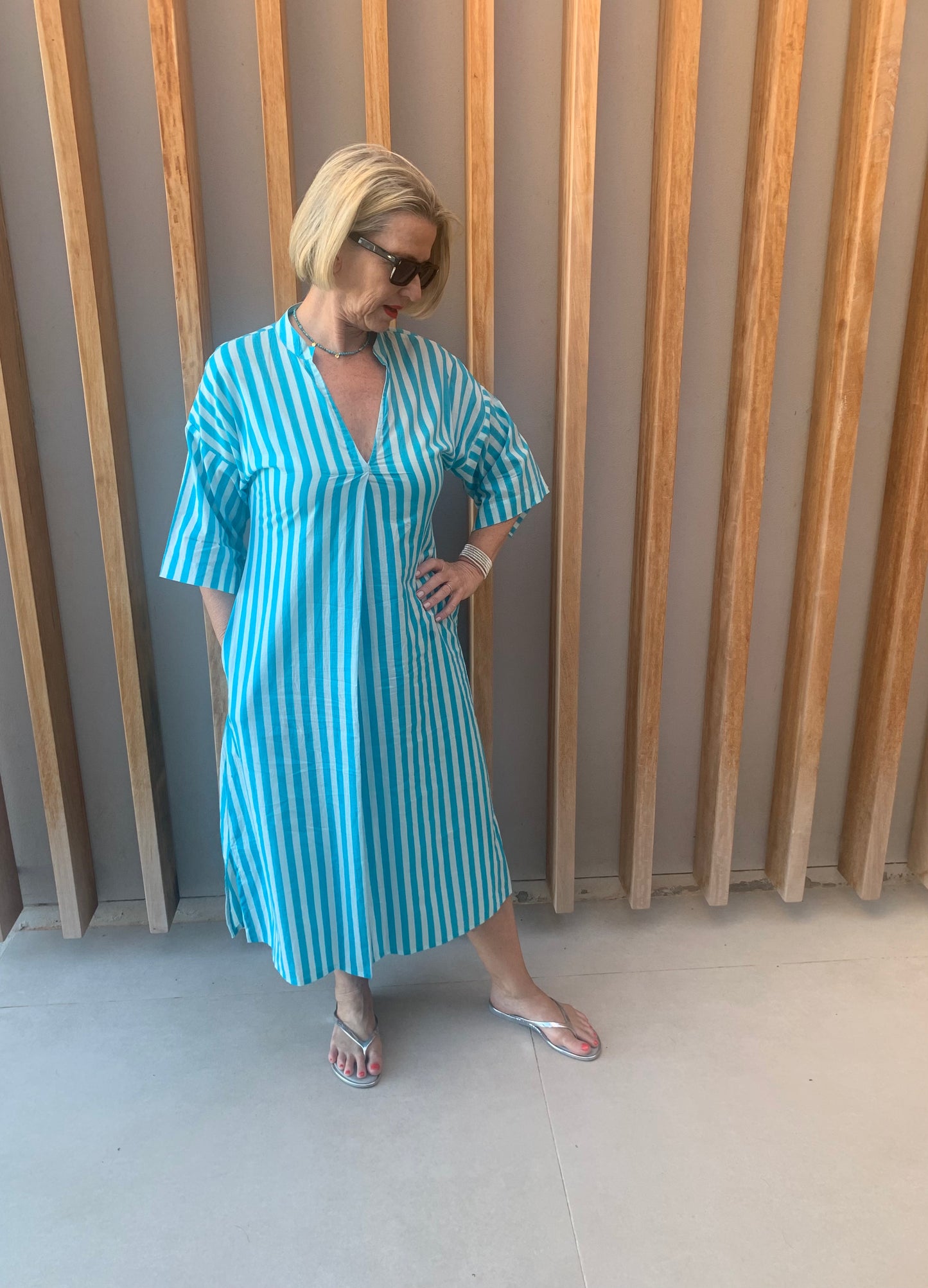 Turquoise & white stripe dress