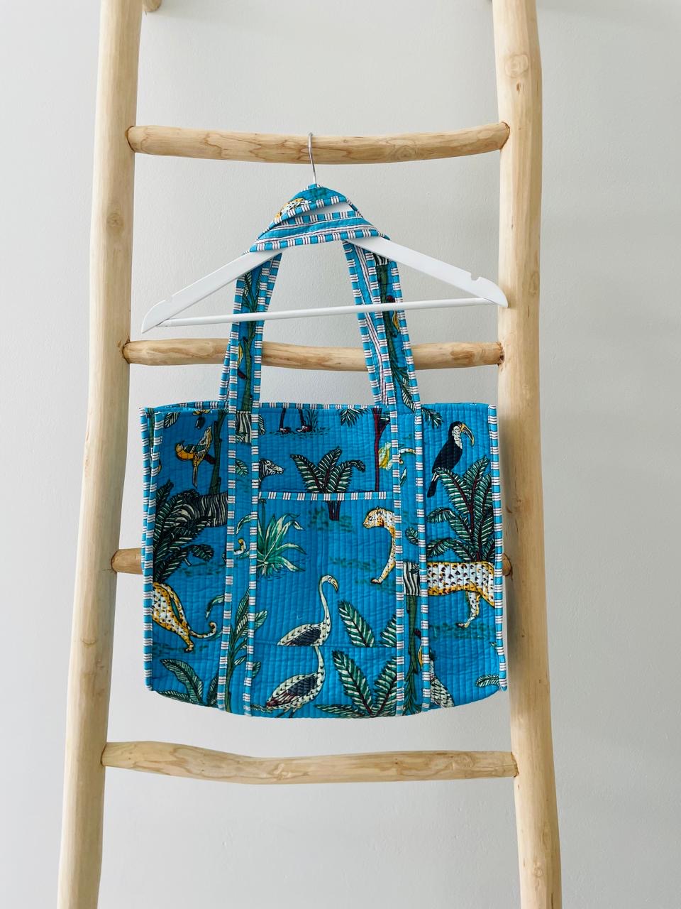 Turquoise Blue Tote Bag with animal palm pattern