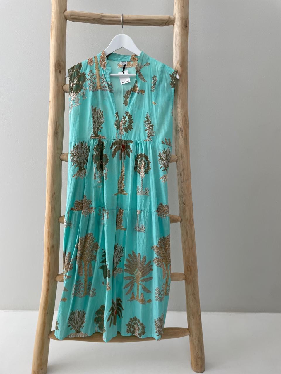 Turquoise sleeveless dress with green palm