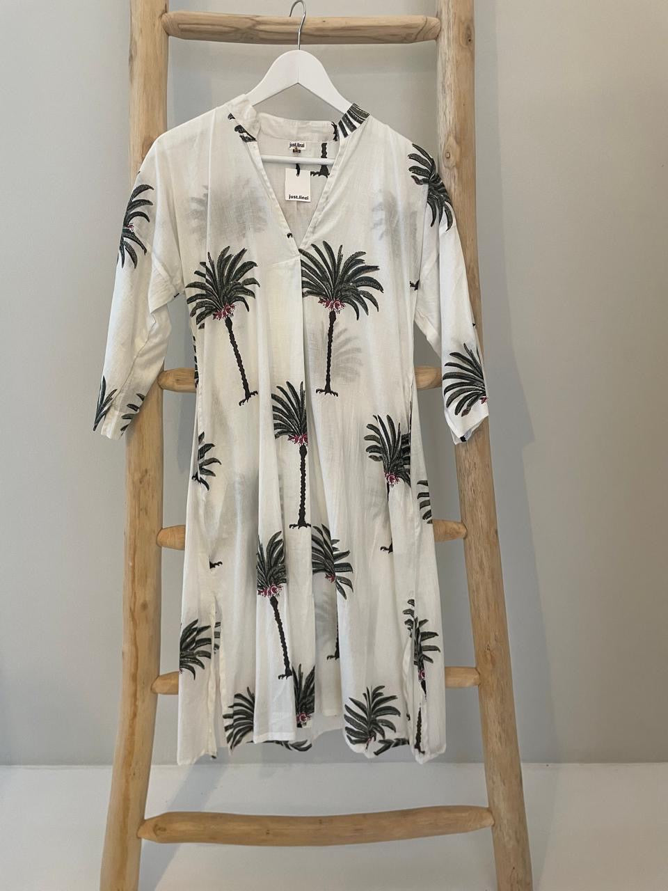 White & green palm floral dress