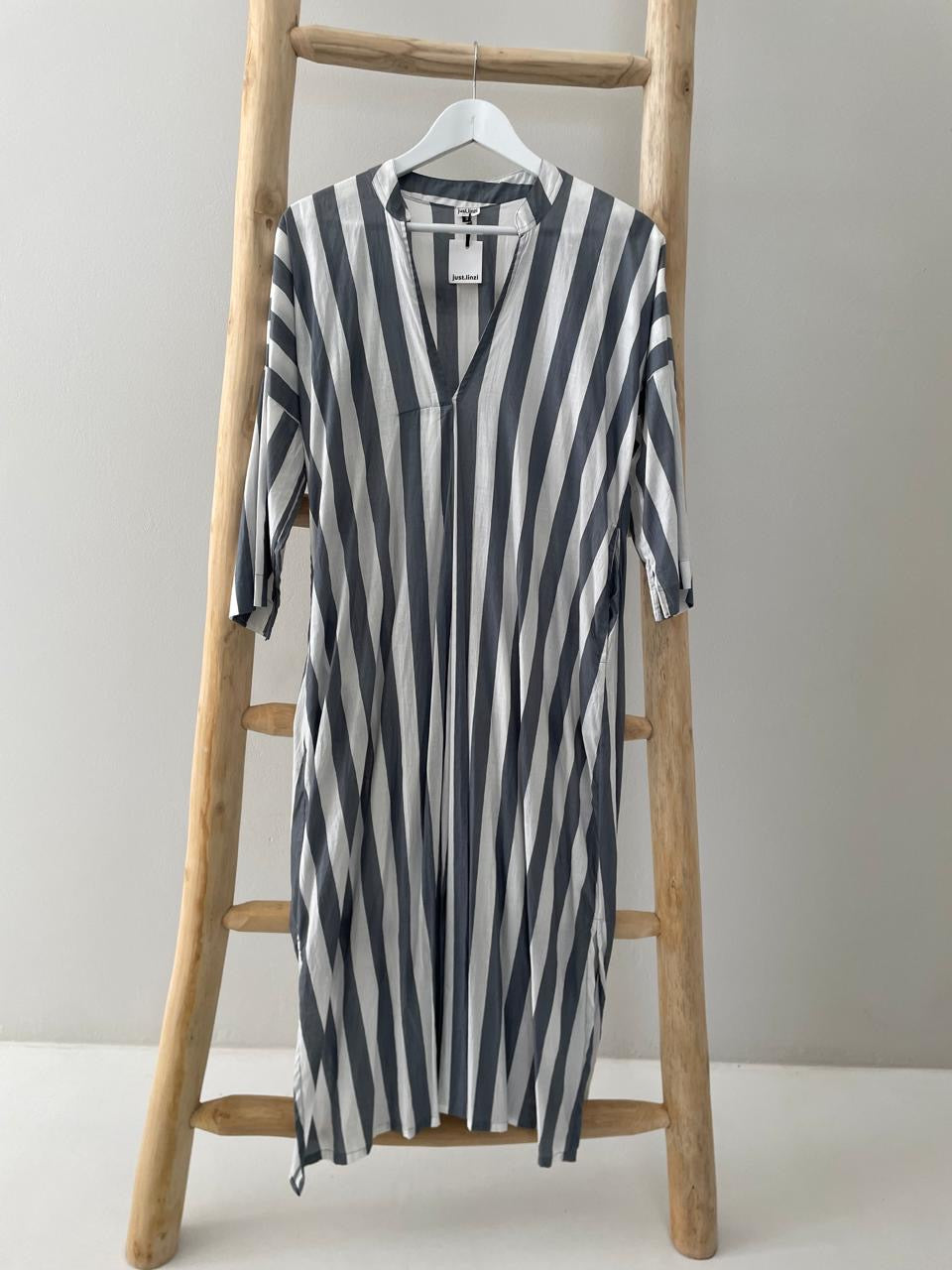 White dress with broad grey stripes