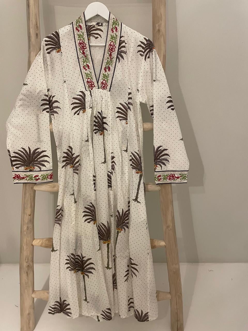 White dress with olive & grey palm design