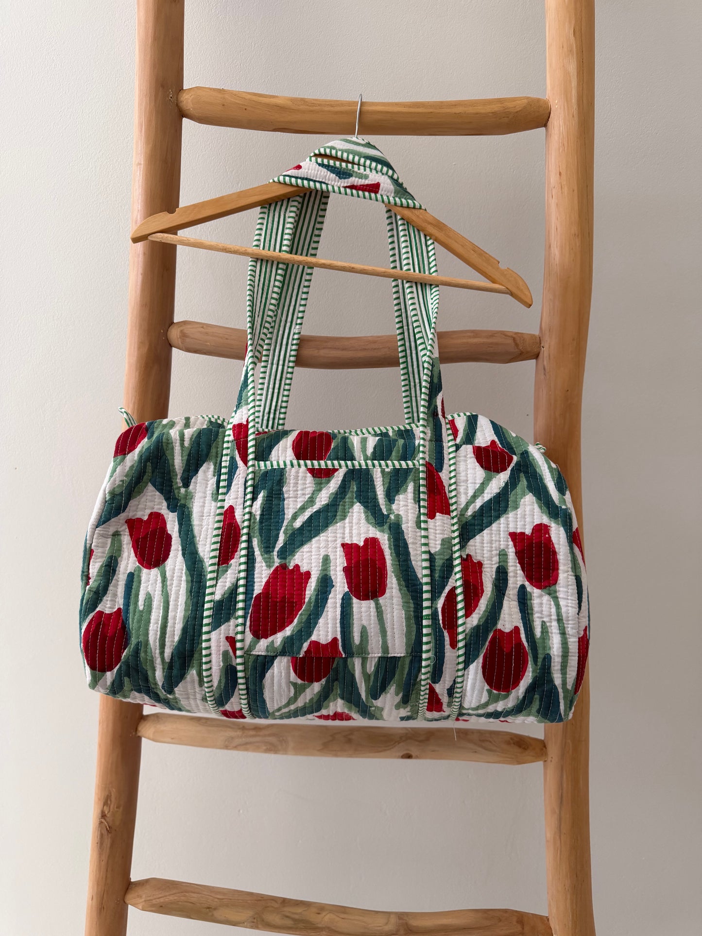White Duffle Bag with red tulip pattern