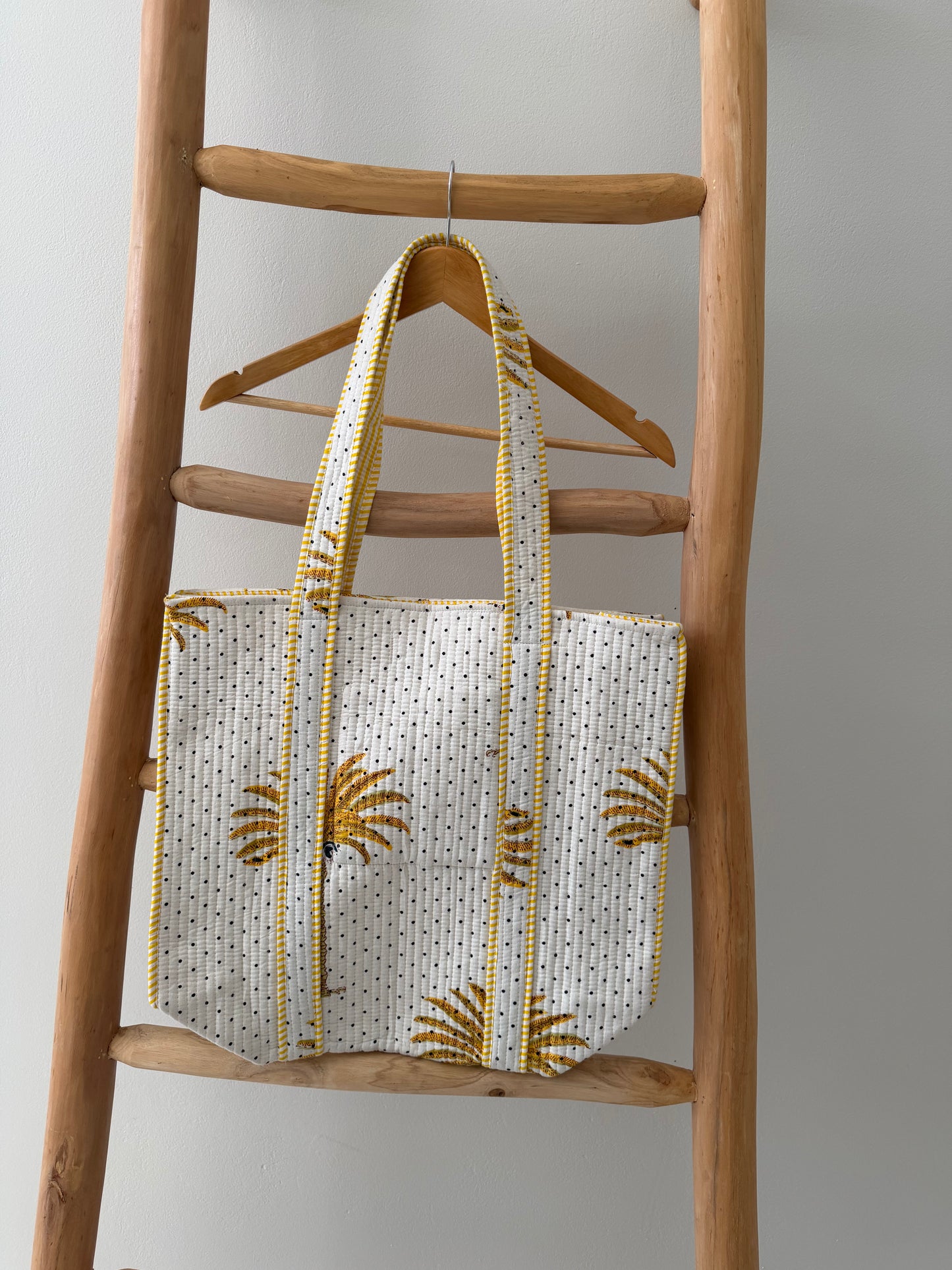 White Tote Bag with yellow palm pattern