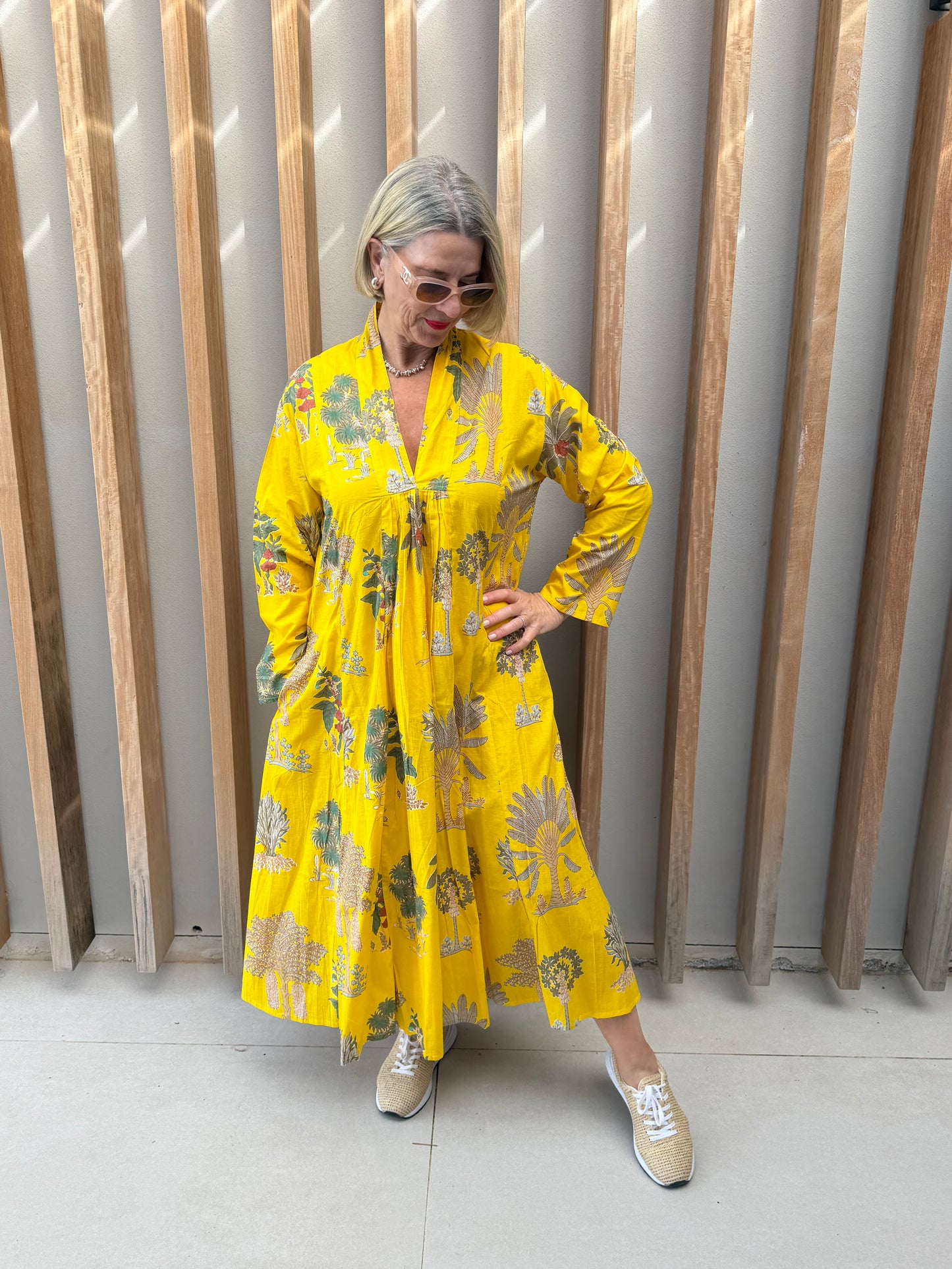 Yellow dress with beige & green forrest & palm