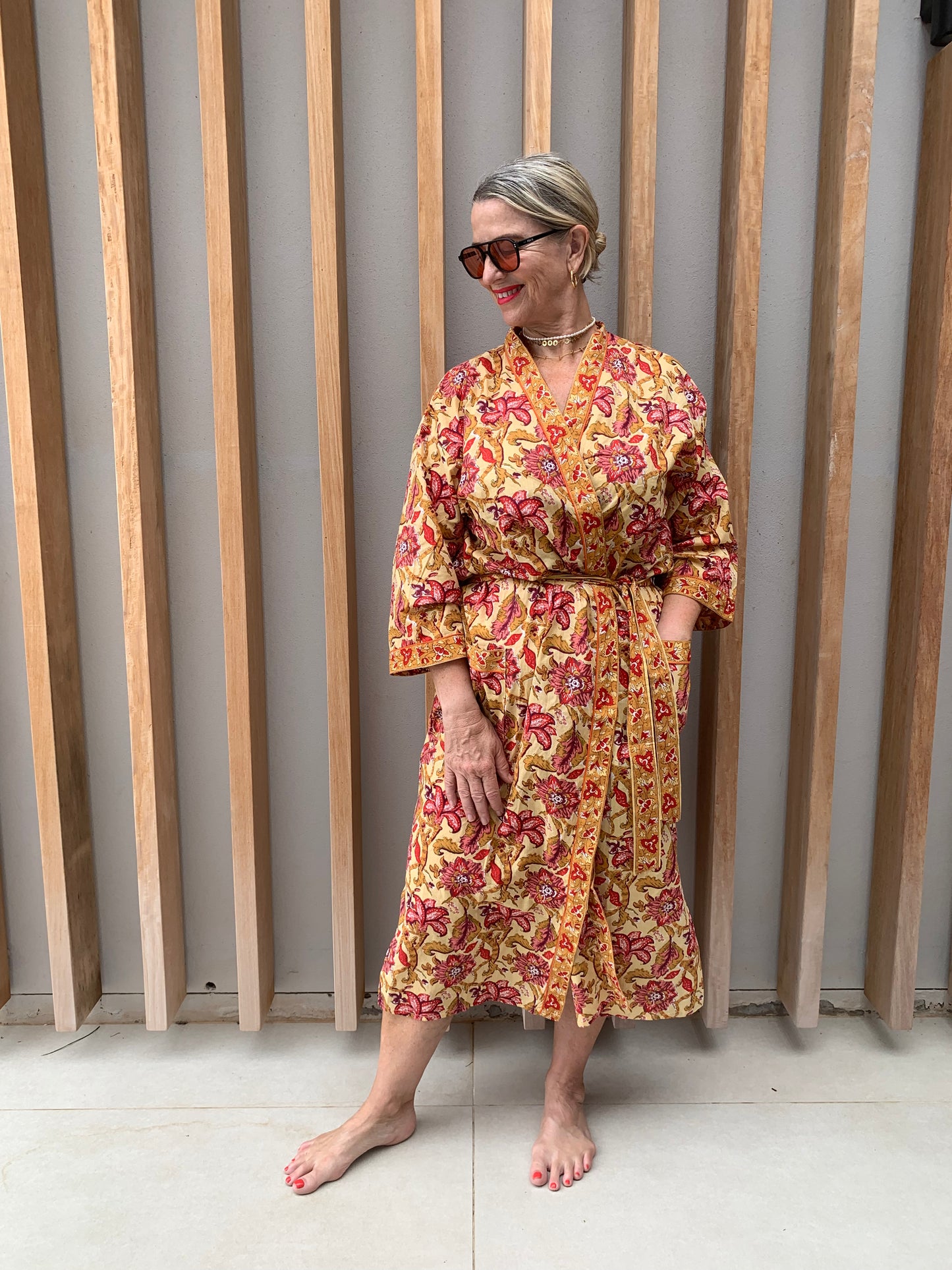 Yellow Kimono with Red floral pattern