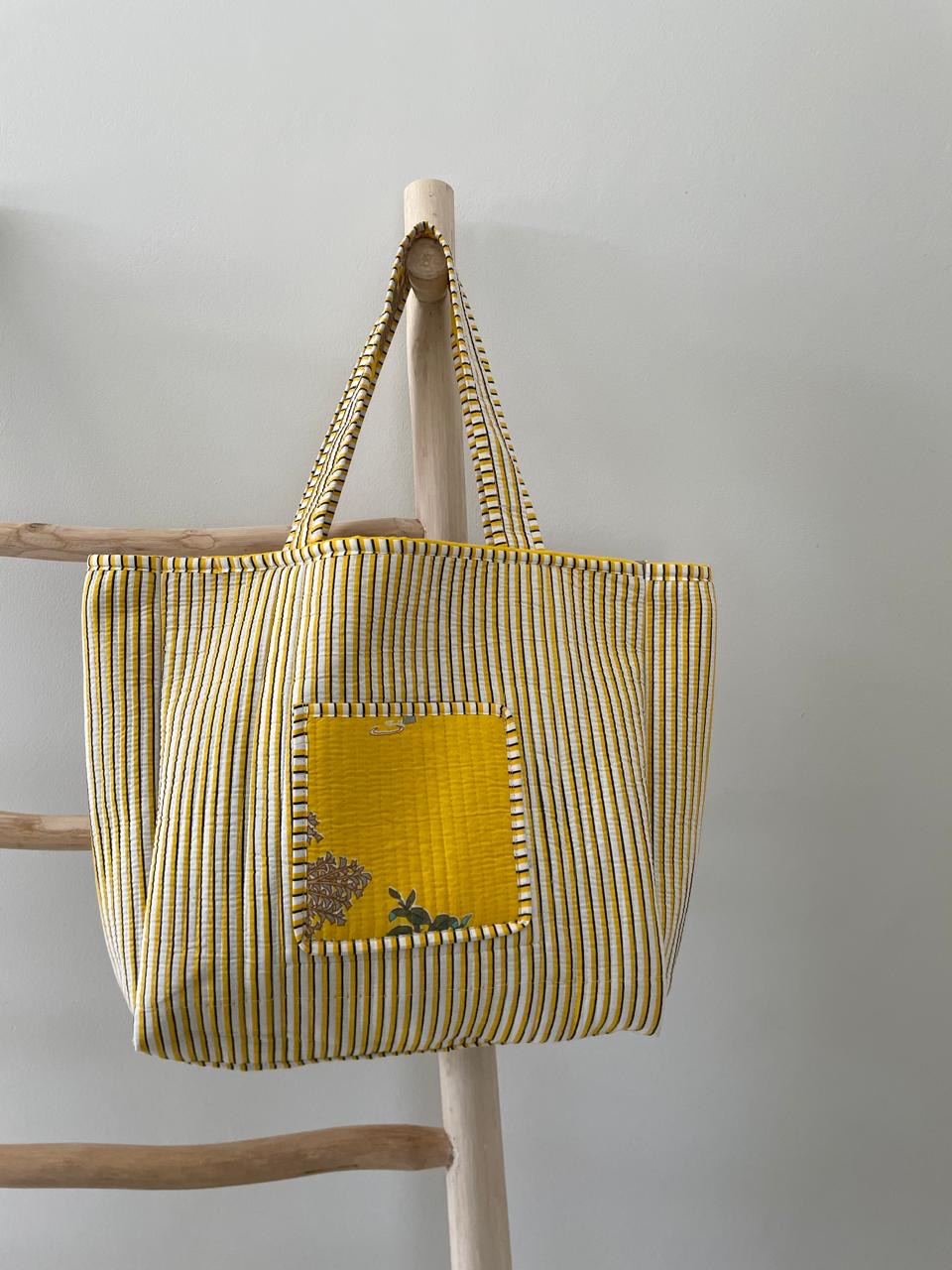 Tote Bag: Yellow green & beige palm