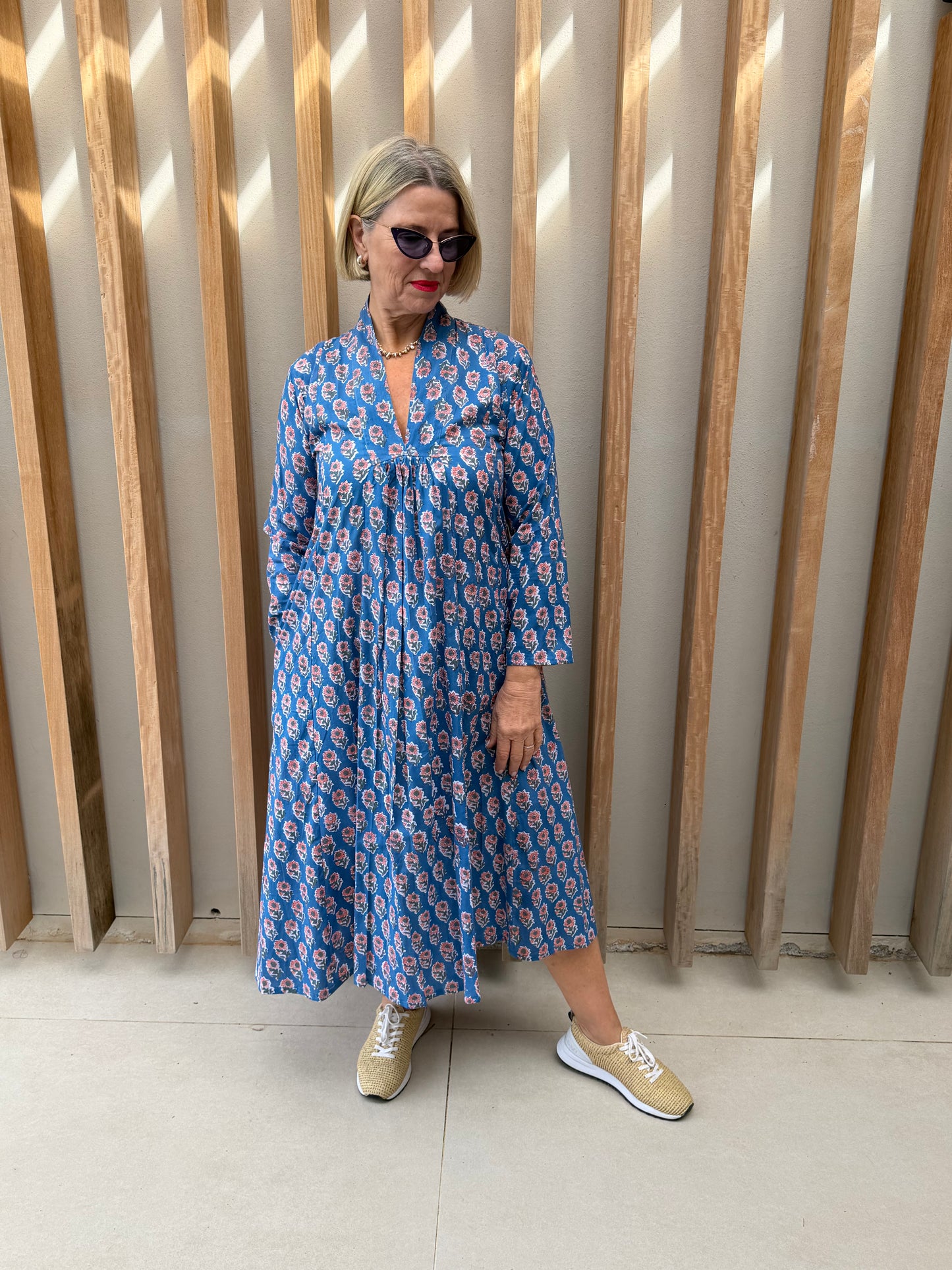 Blue dress with pink floral pattern