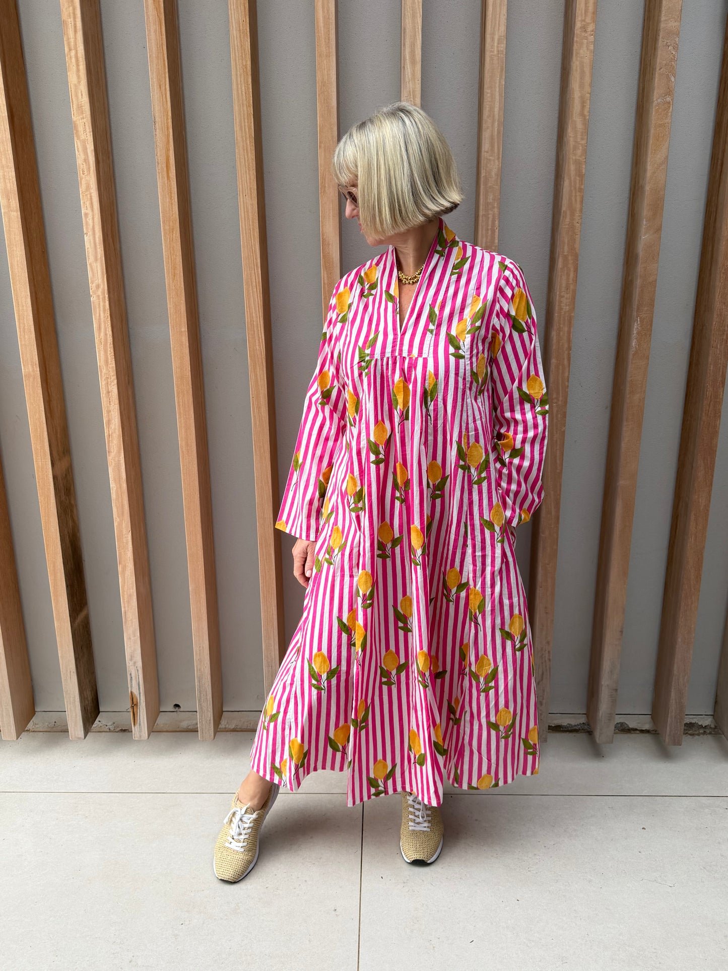 Pink & white striped dress with lemon pattern